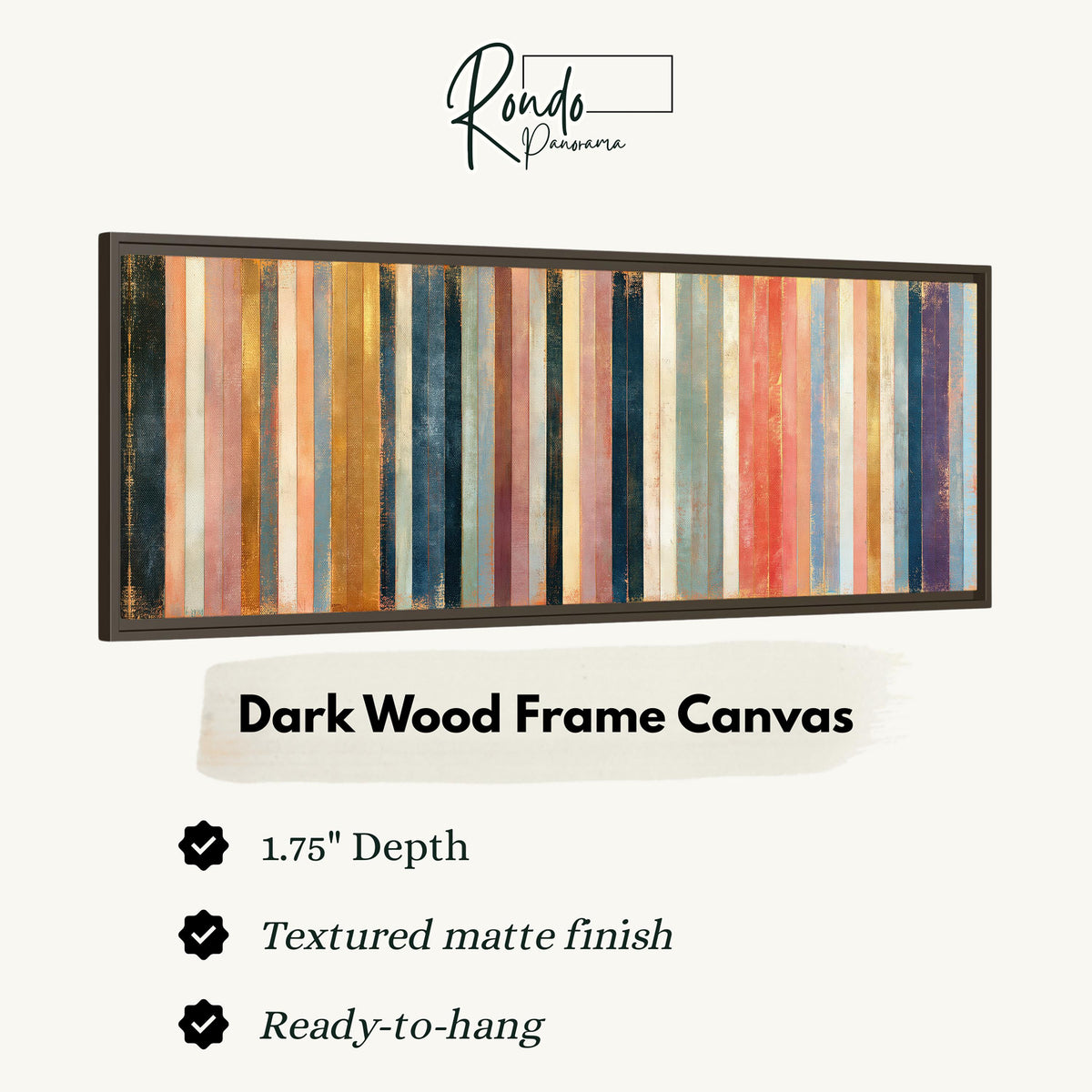 Blush, navy and gold gilded stripes canvas print in a dark wood floating frame