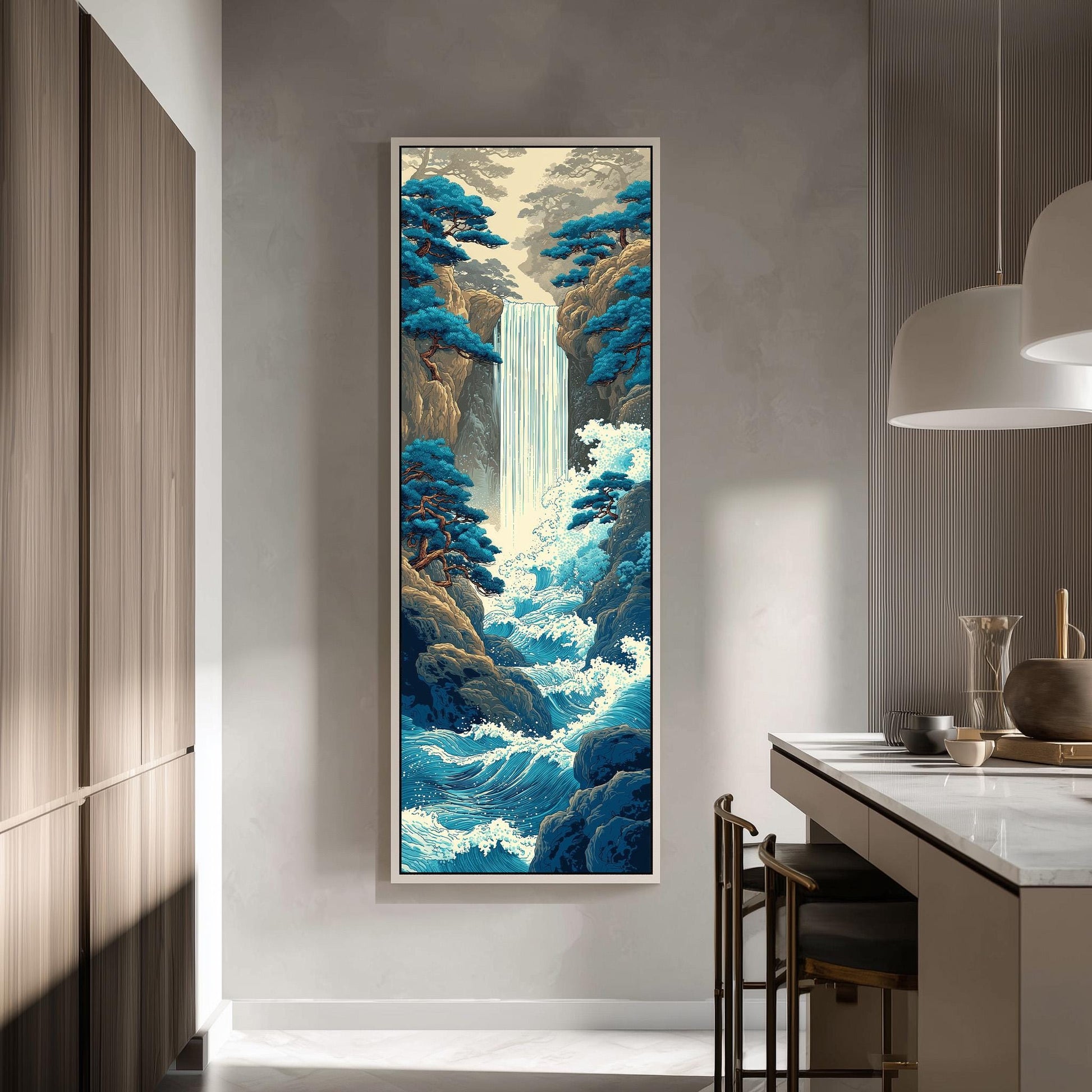 a large, framed painting of a waterfall in a serene landscape, hanging on a wall in a modern, minimalist kitchen.