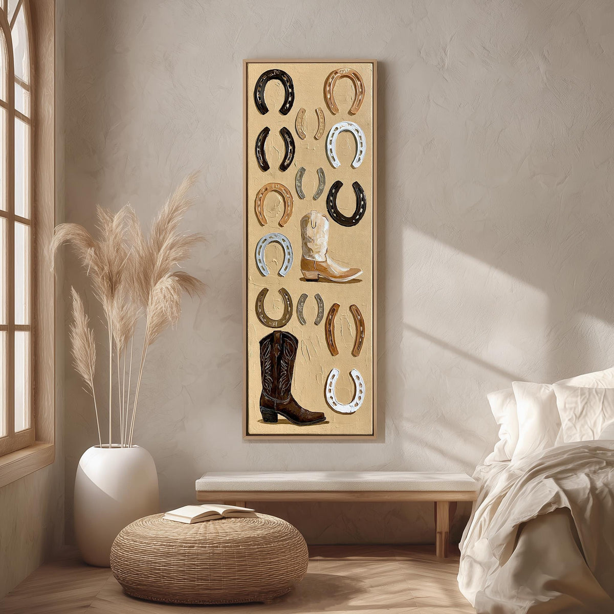 Horseshoes and cowboy boots flat lay long vertical canvas print in a bright reading corner