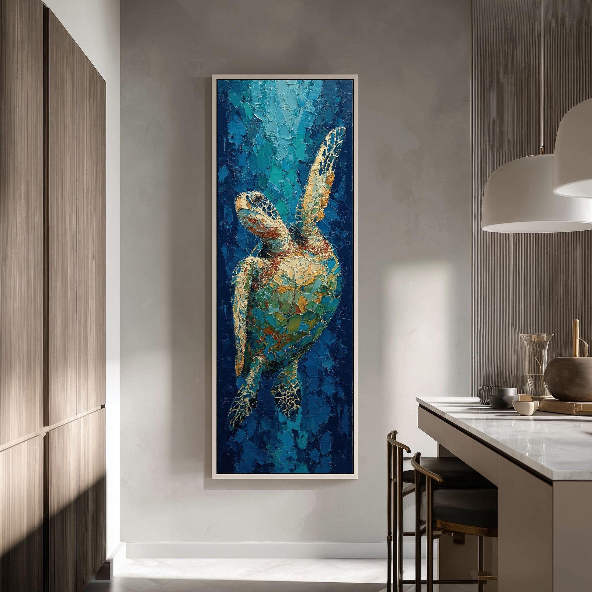 a large painting of a colorful sea turtle hanging on a wall in a modern kitchen.