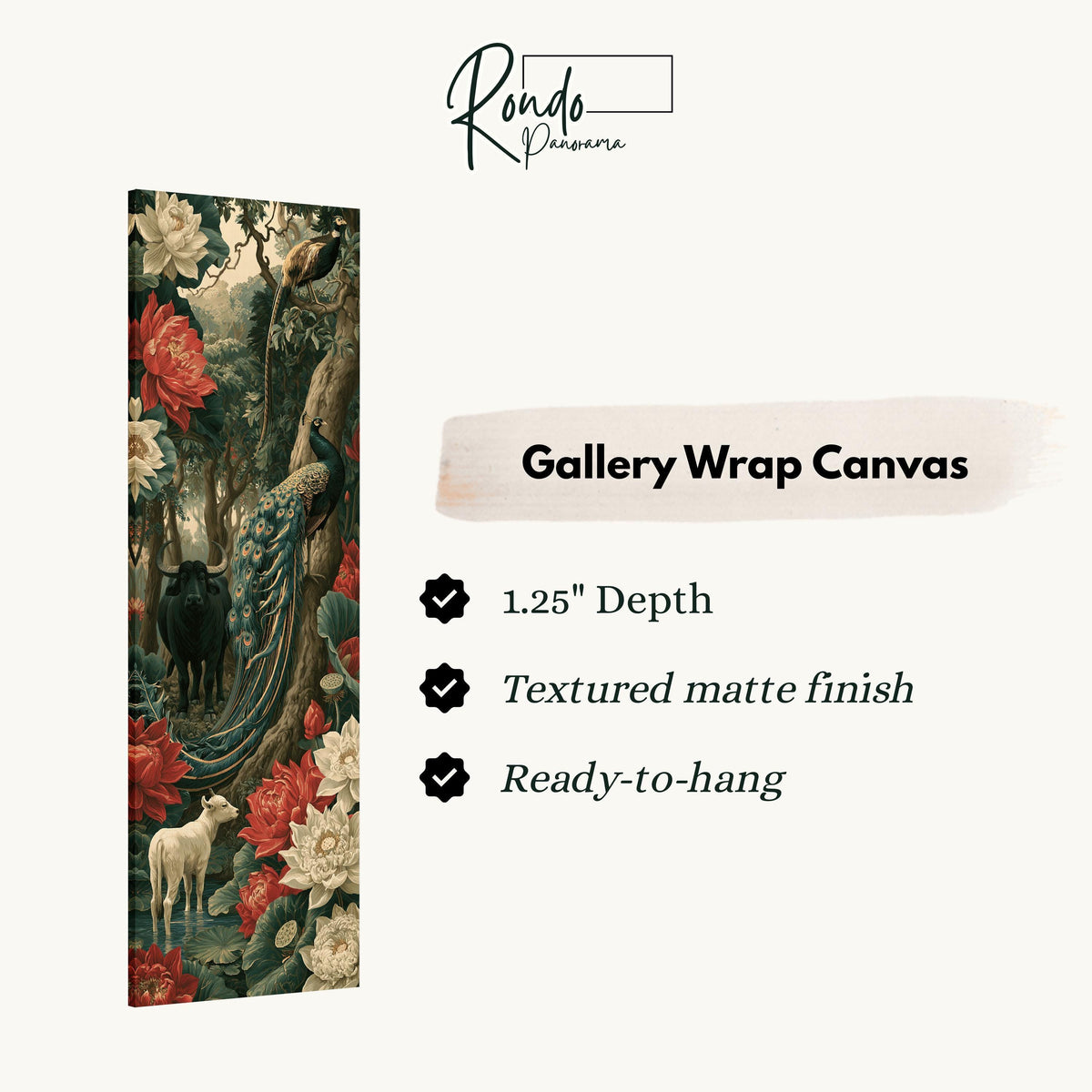 Peacock and animals in a lush jungle of lilies gallery wrap canvas with the image wrapped around the edges