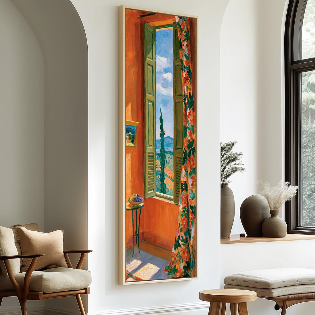 Tuscan cypress hills through an orange room window long vertical canvas print in a sunlit living space