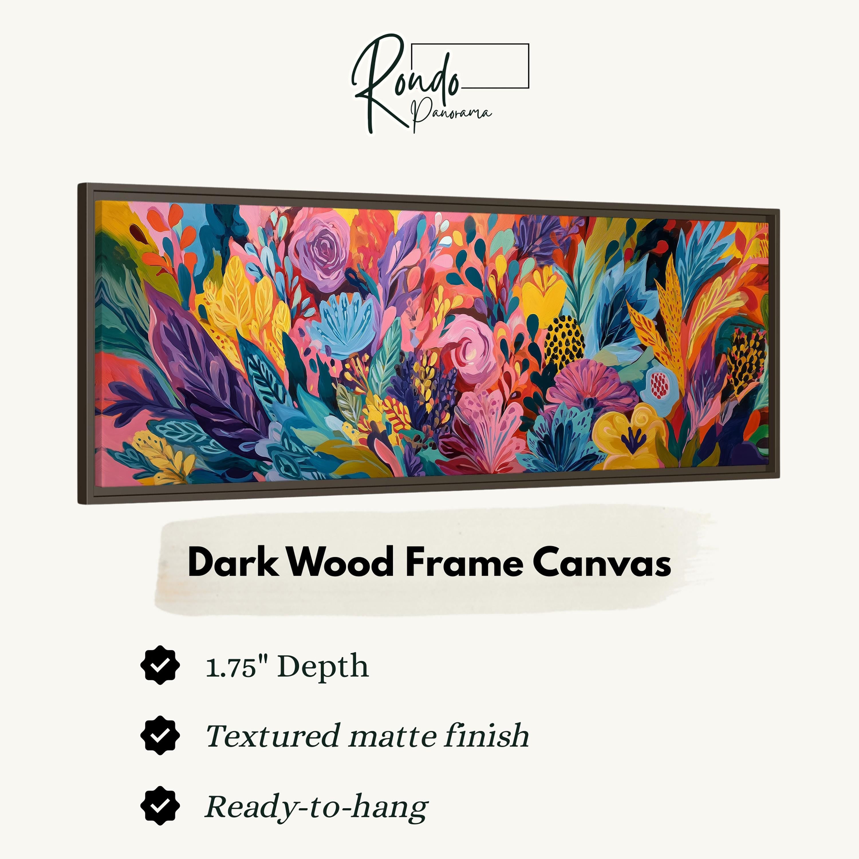 The image is a vibrant, colorful painting of a floral arrangement, which is described as a "Dark Wood Frame Canvas" with a 1.75" depth and a textured matte finish. The painting is ready to hang and is described as a "Ready-to-hang" product.
