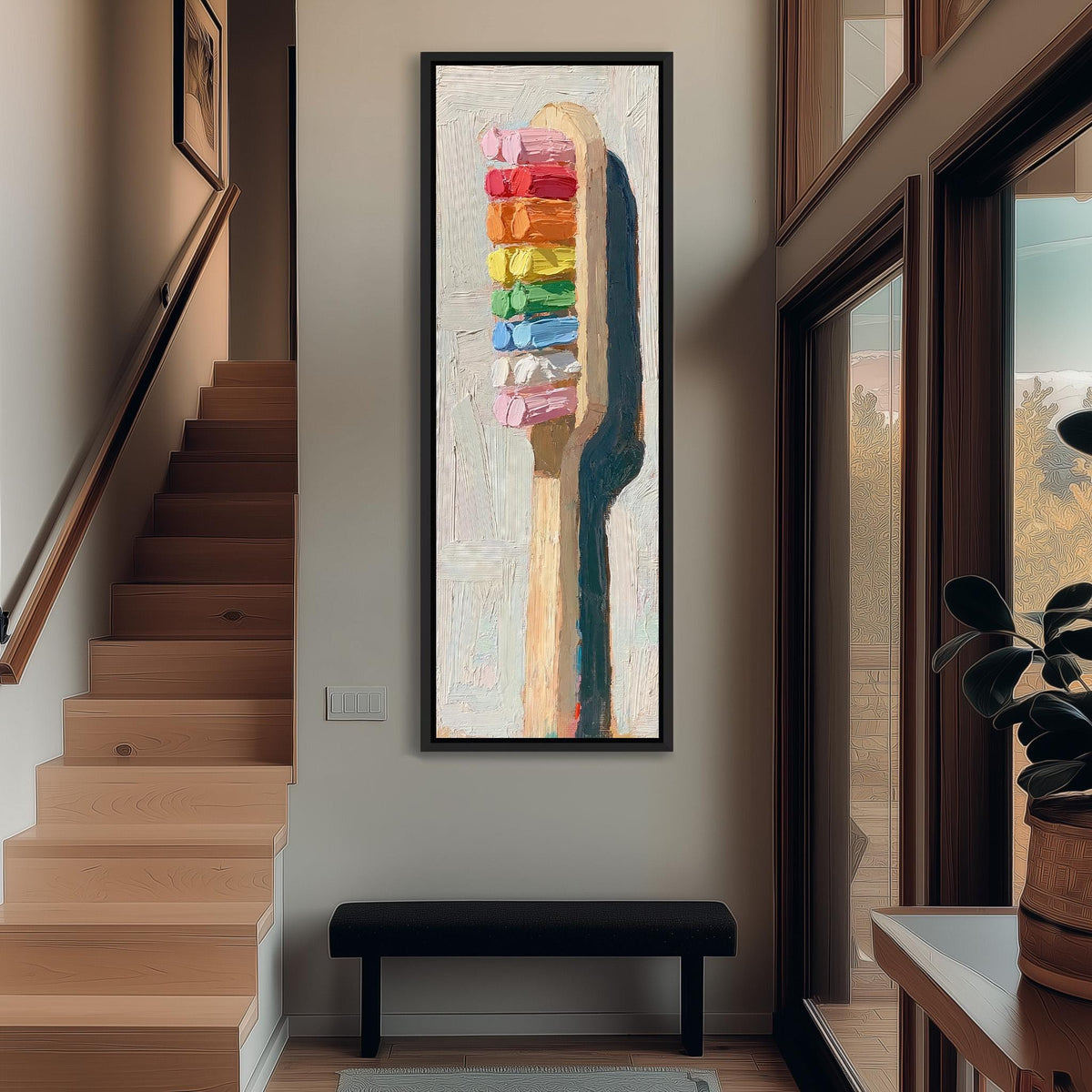 Toothbrush with rainbow toothpaste tall narrow canvas print beside a staircase in an entryway