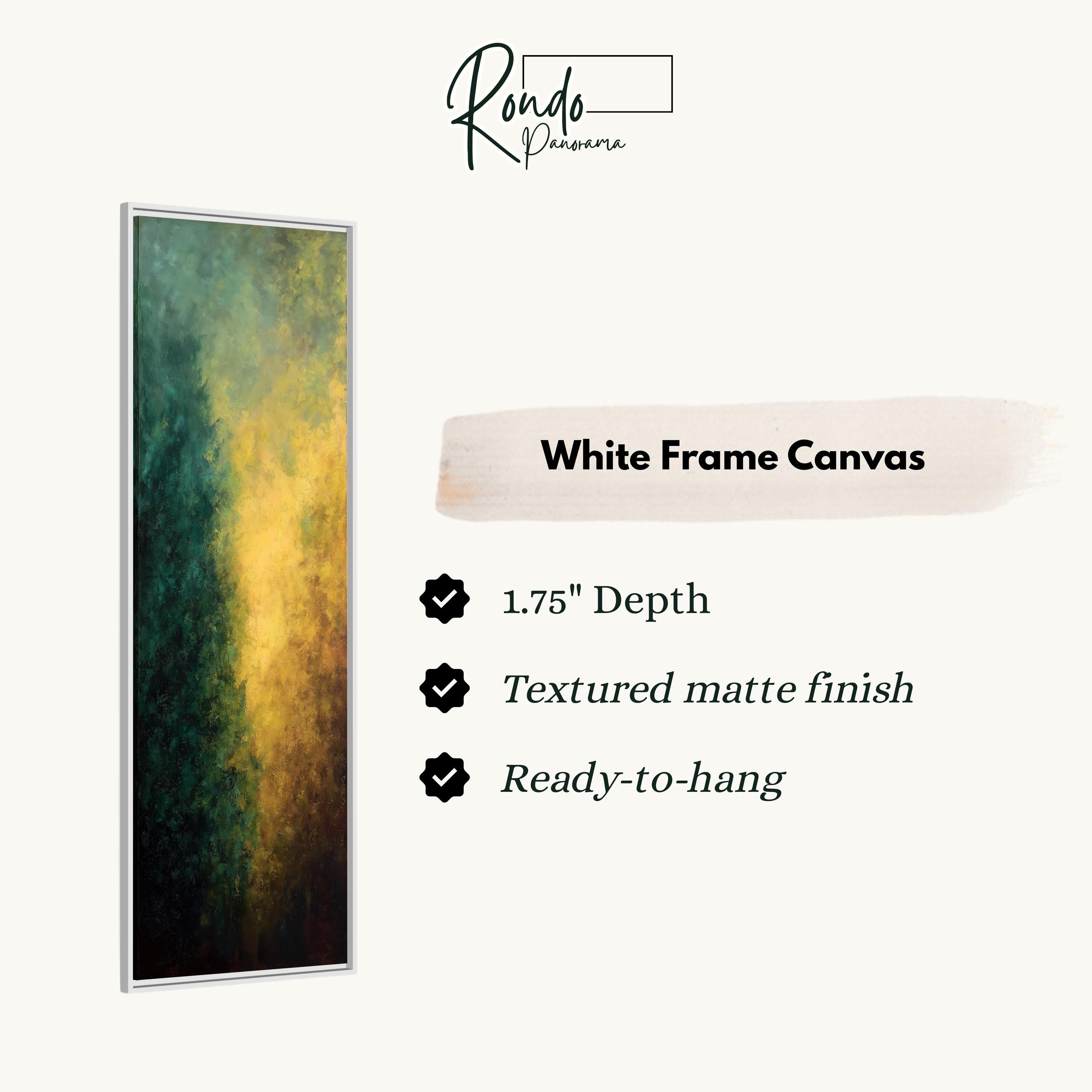 The image is a product description for a white frame canvas. It features a vertical painting with a gradient of green and yellow colors. The canvas is described as having a 1.75" depth, a textured matte finish, and is ready to hang.