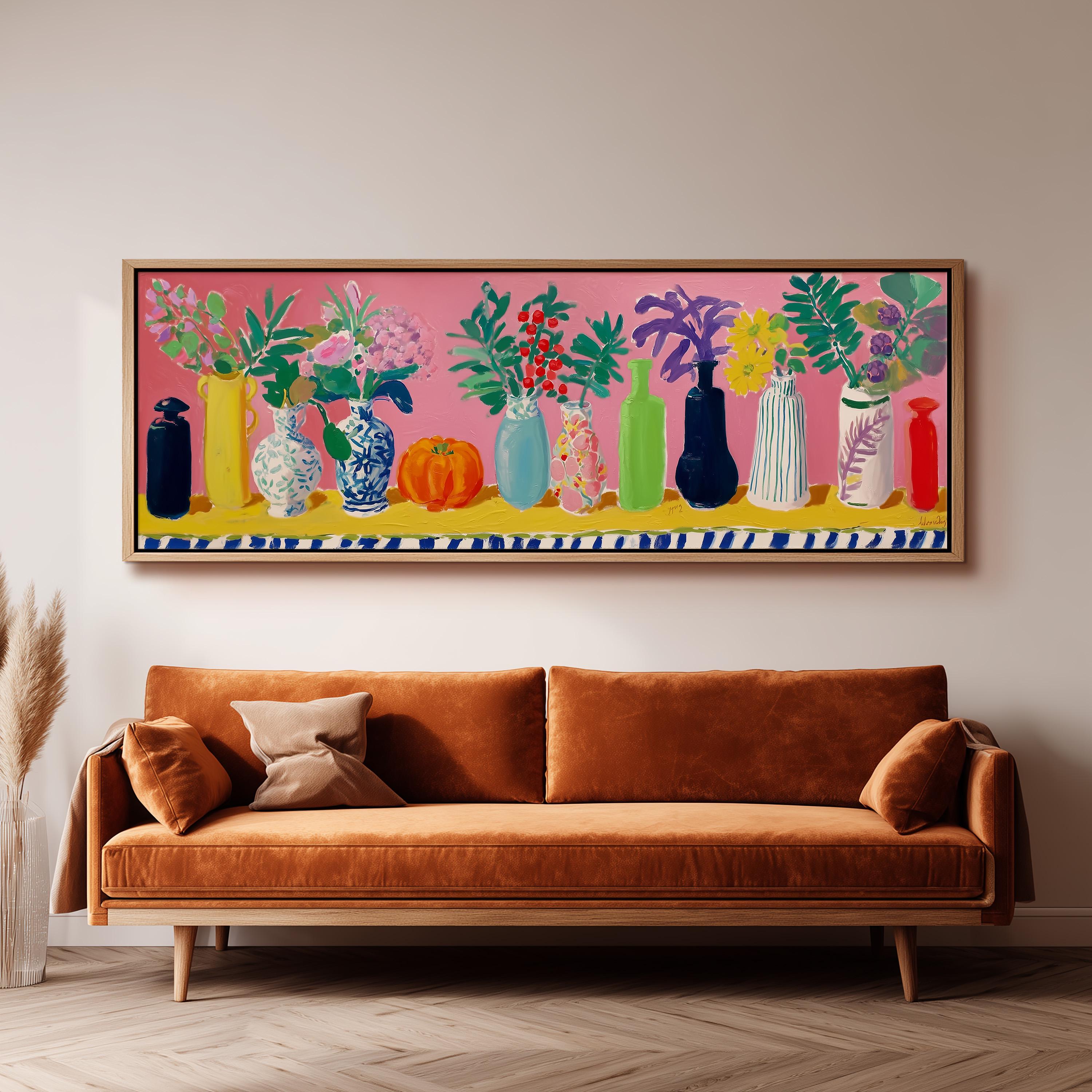 a large, colorful painting of various vases and flowers displayed on a wall above a brown sofa.