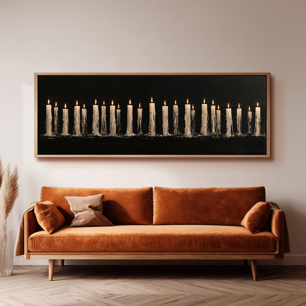 Long row of flickering candles wide panoramic canvas print above a bench in a dark living room