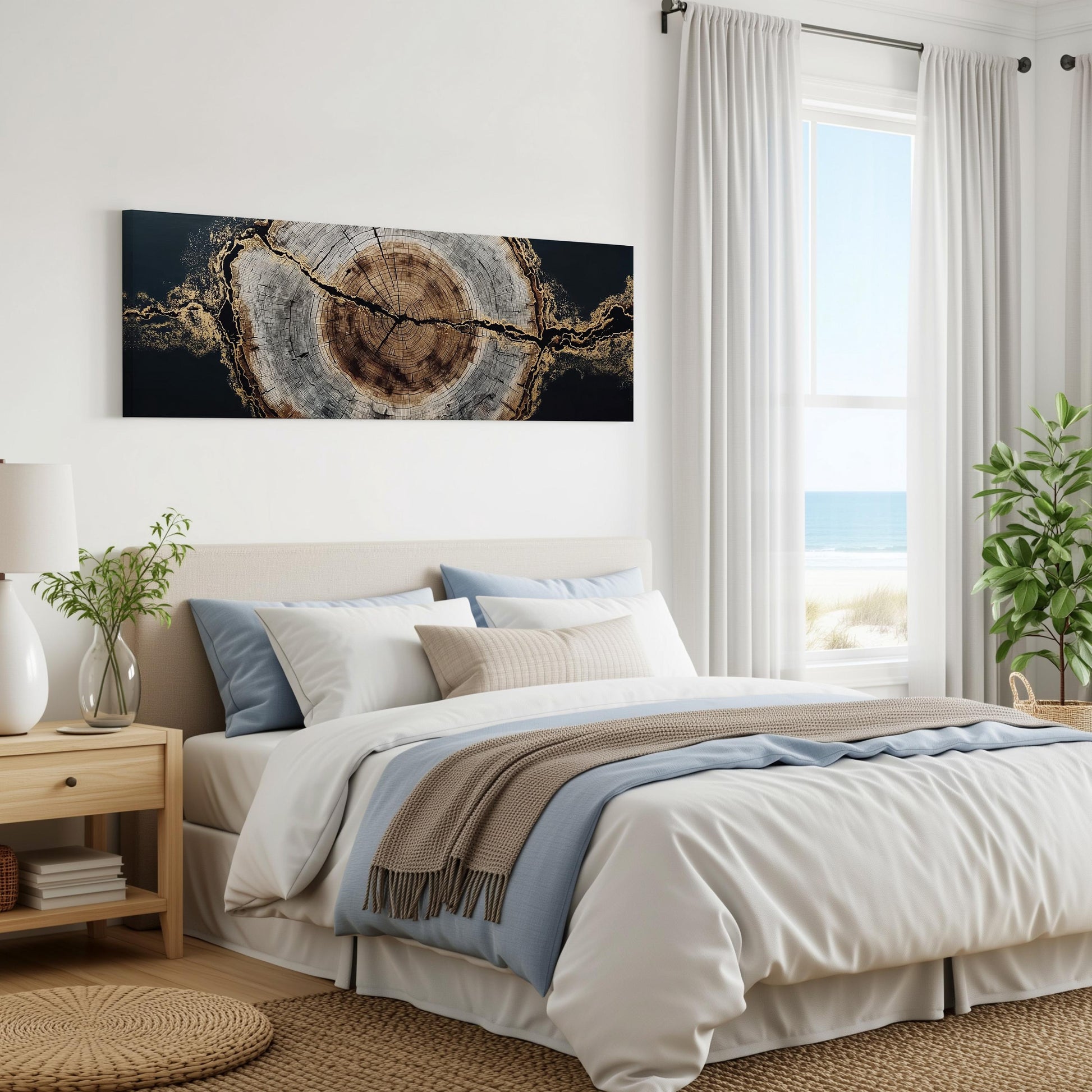 a serene bedroom with a large bed, a nightstand, and a painting on the wall. The painting features a tree trunk with a circular design. The room has white curtains, a window overlooking the ocean, and a rug on the floor.