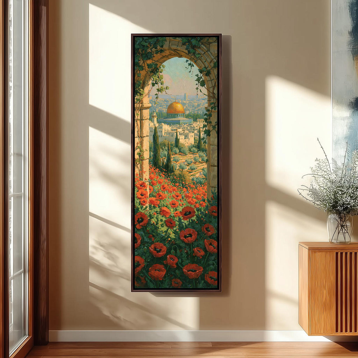Jerusalem seen through an arch above red poppies long vertical canvas print in a sunlit living space
