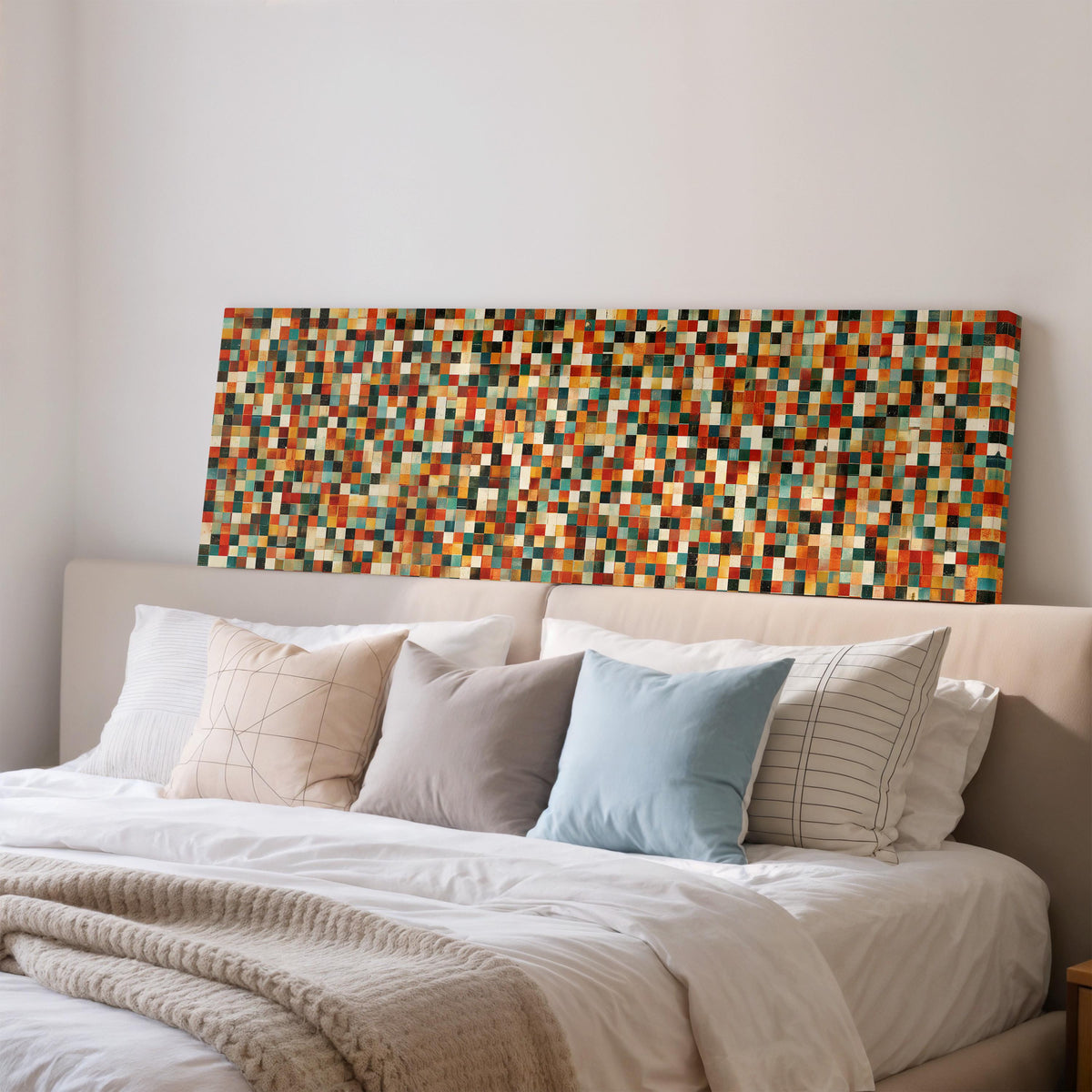 Dense autumn mosaic tiles wide panoramic canvas print above a bed in a bedroom
