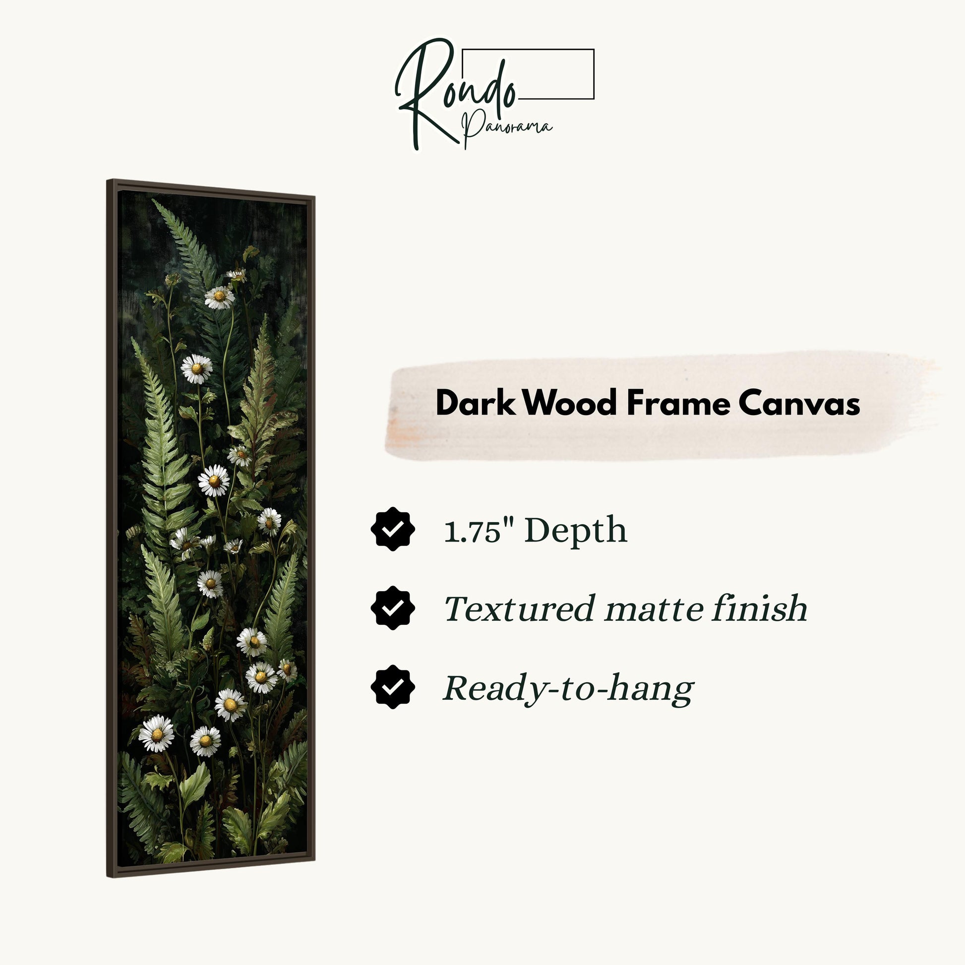 The image is a dark wood frame canvas featuring a painting of green ferns and white daisies.