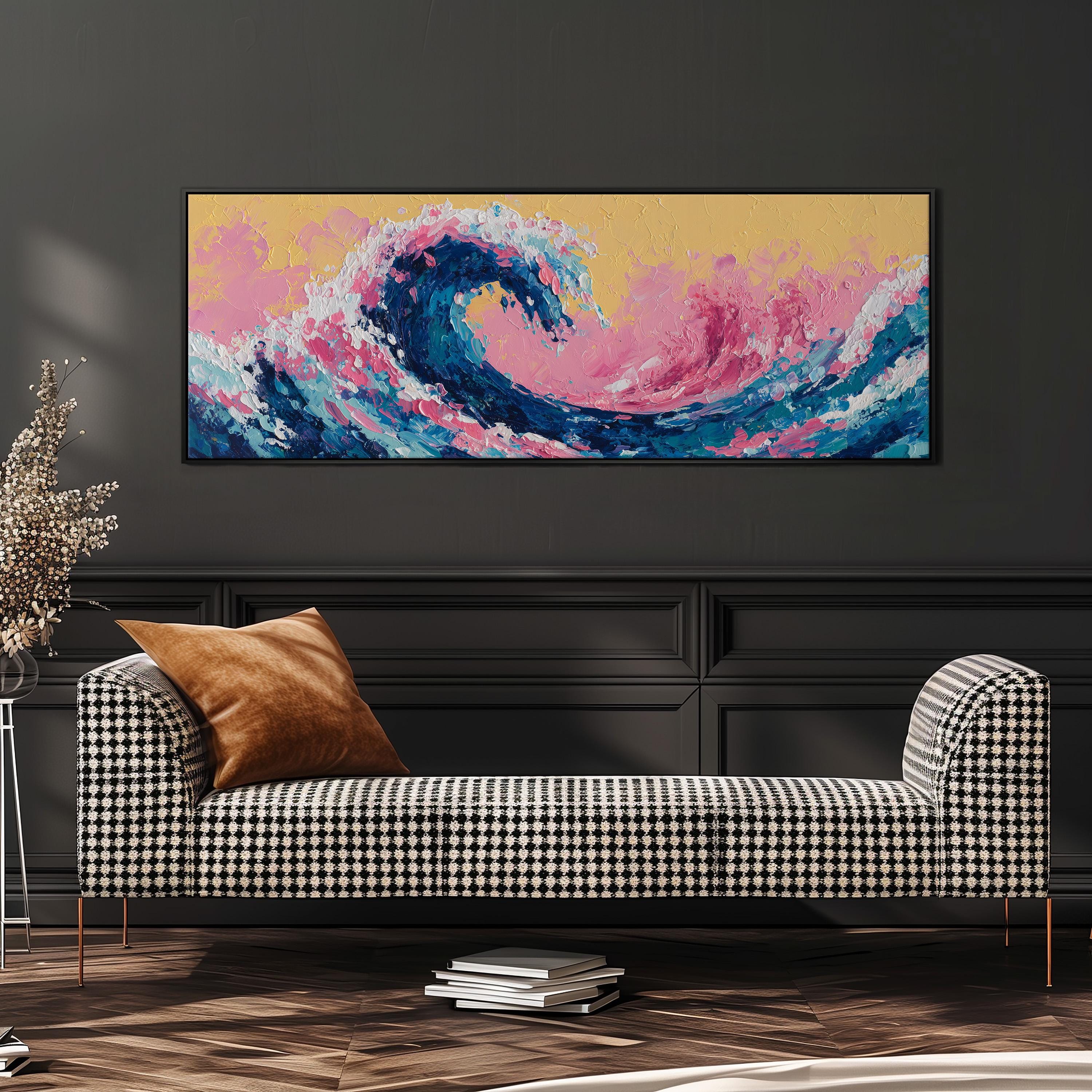 a large, colorful painting of a wave hanging on a wall above a black and white checkered sofa.