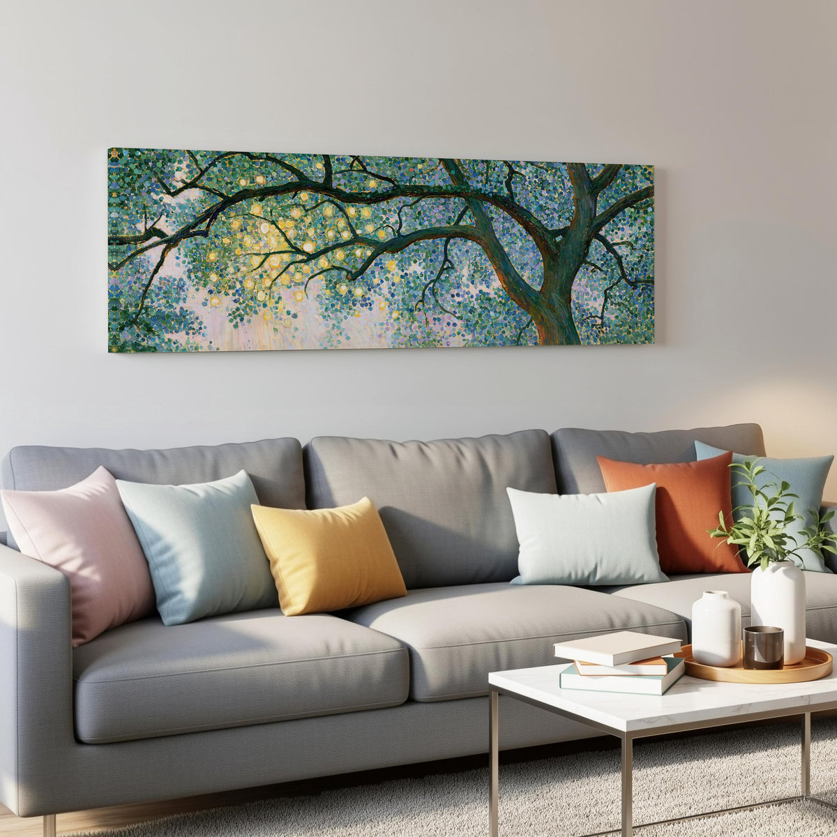 Tree canopy with golden light panoramic canvas print above a grey sofa in a living room
