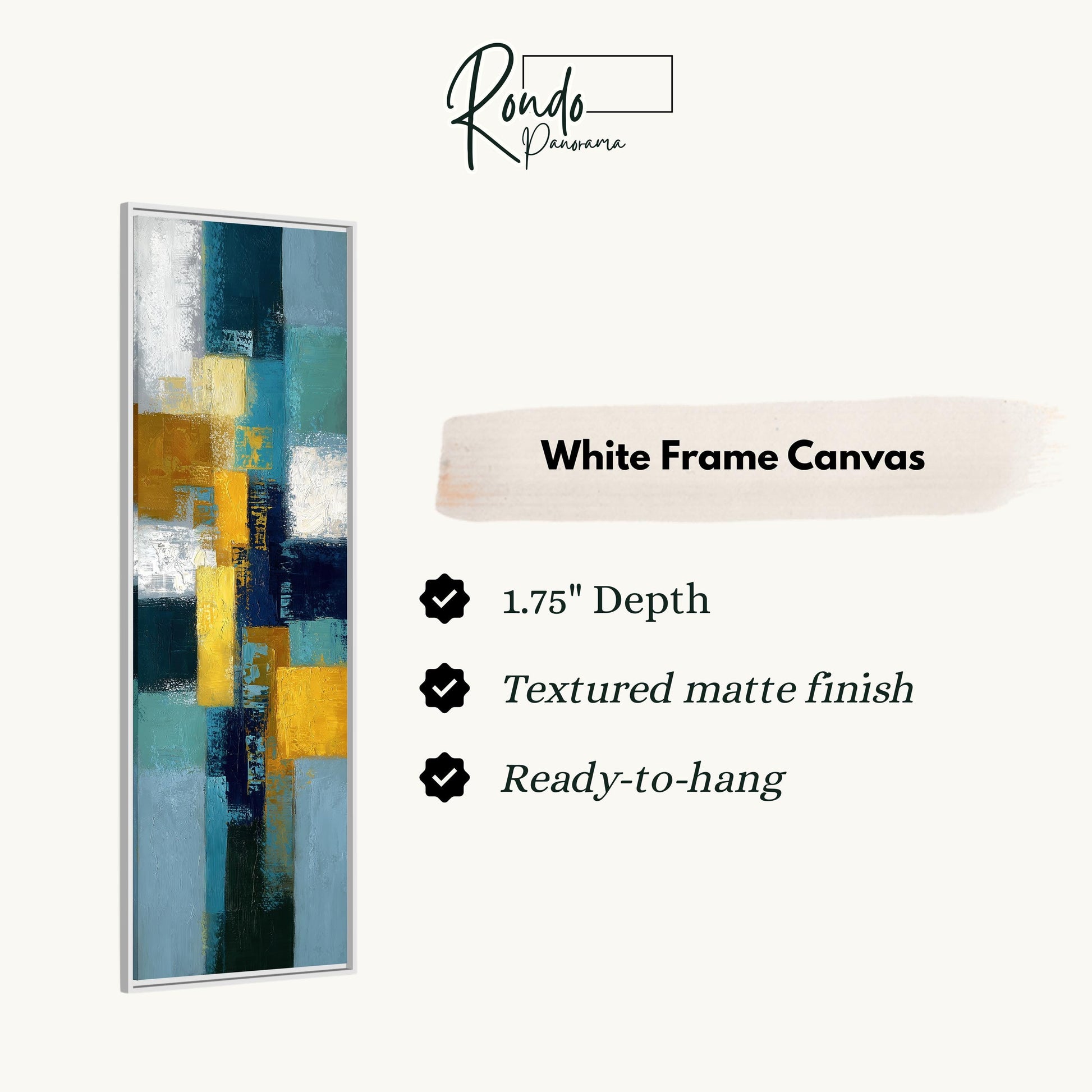 The image is a white frame canvas with a vertical abstract painting on it.