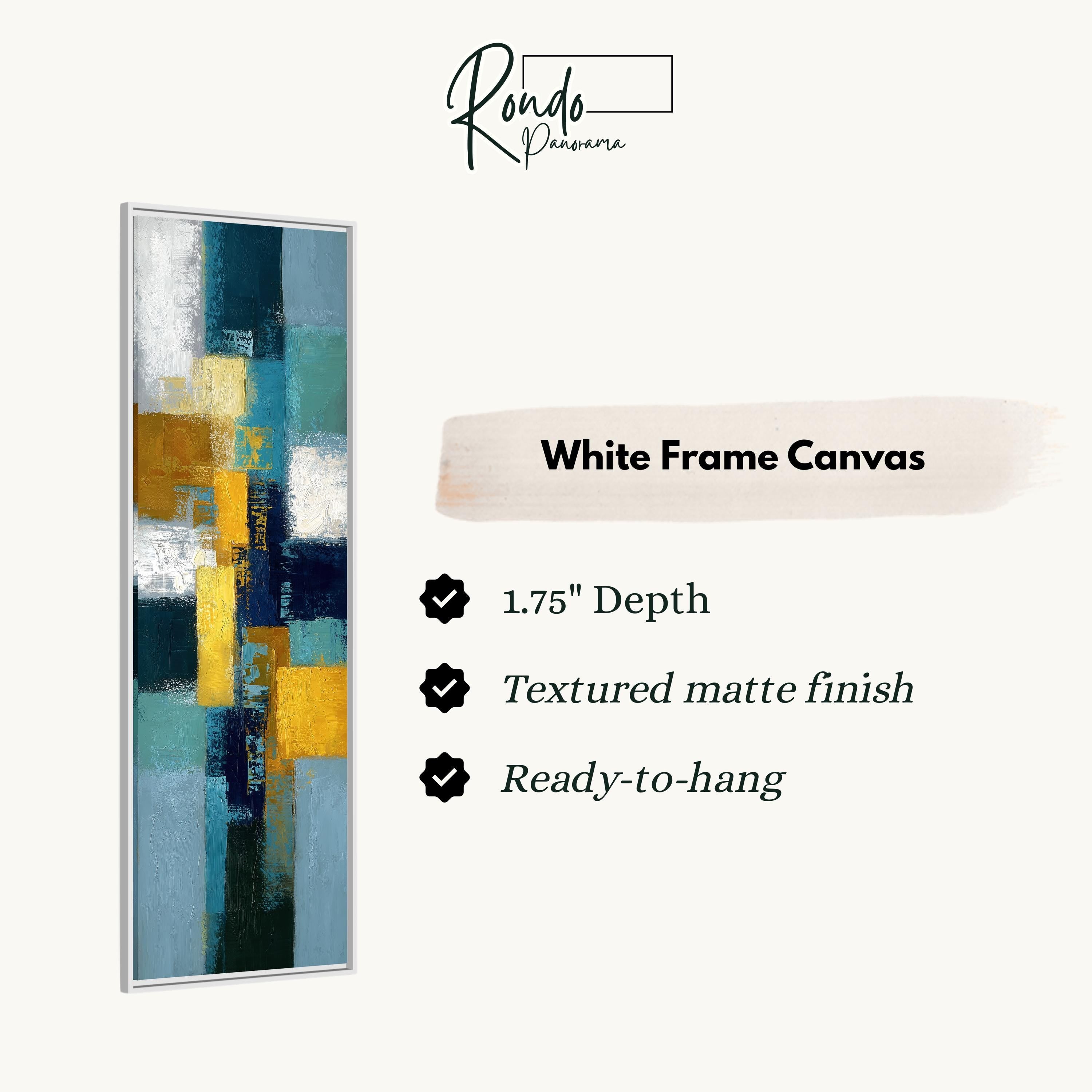 The image is a white frame canvas with a vertical abstract painting on it.