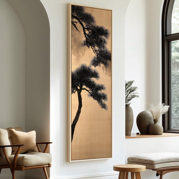 Pine branch silhouette on gold long vertical canvas print in a sunlit living space
