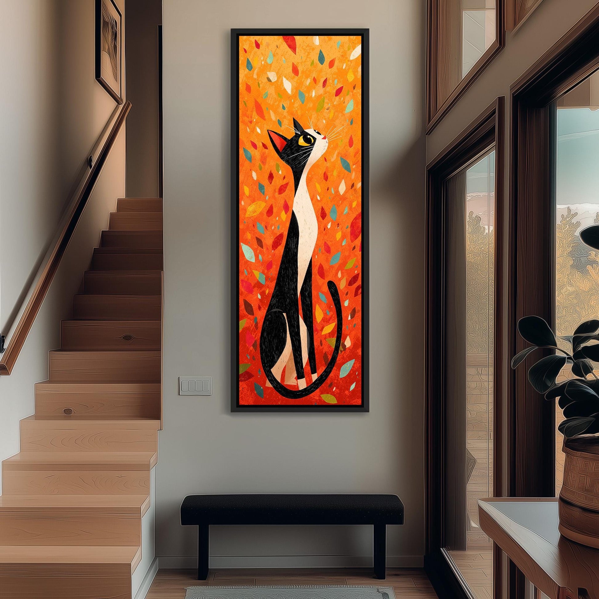 a large, colorful painting of a cat with a black and white coat, sitting on a wooden bench in a hallway. The painting is hanging on the wall above a staircase.