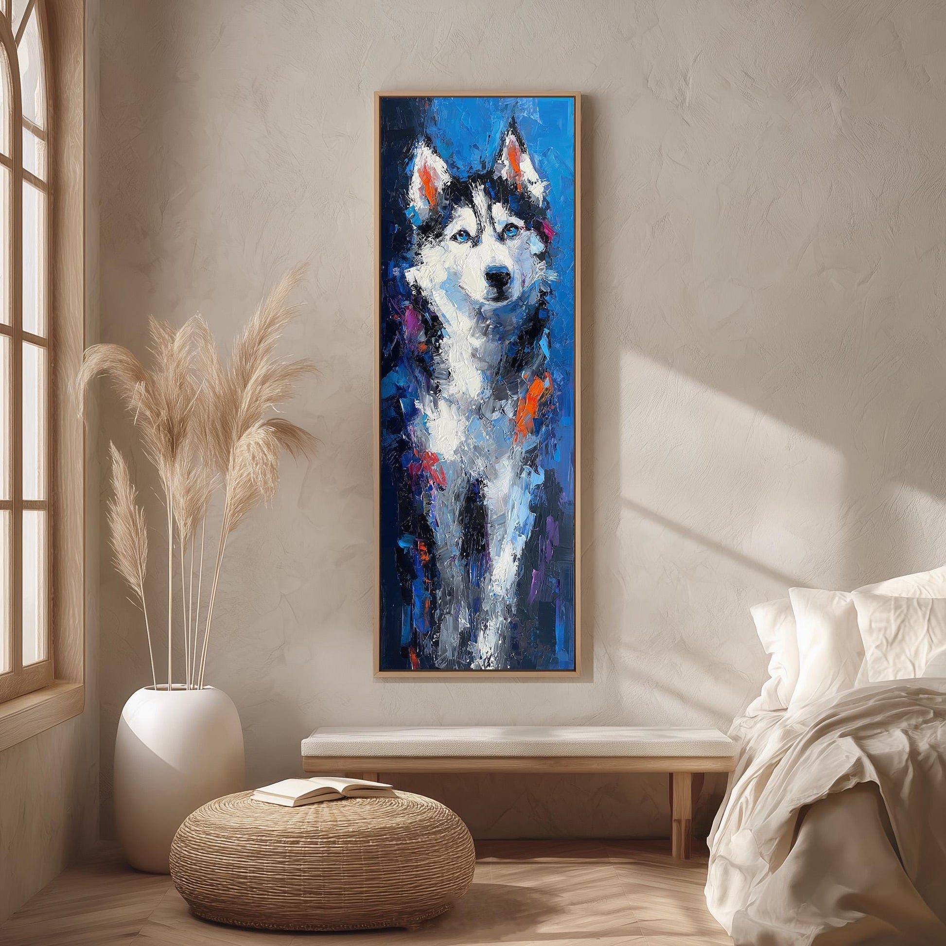 a large painting of a husky dog hanging on a wall in a room with a wooden floor and a white bed.