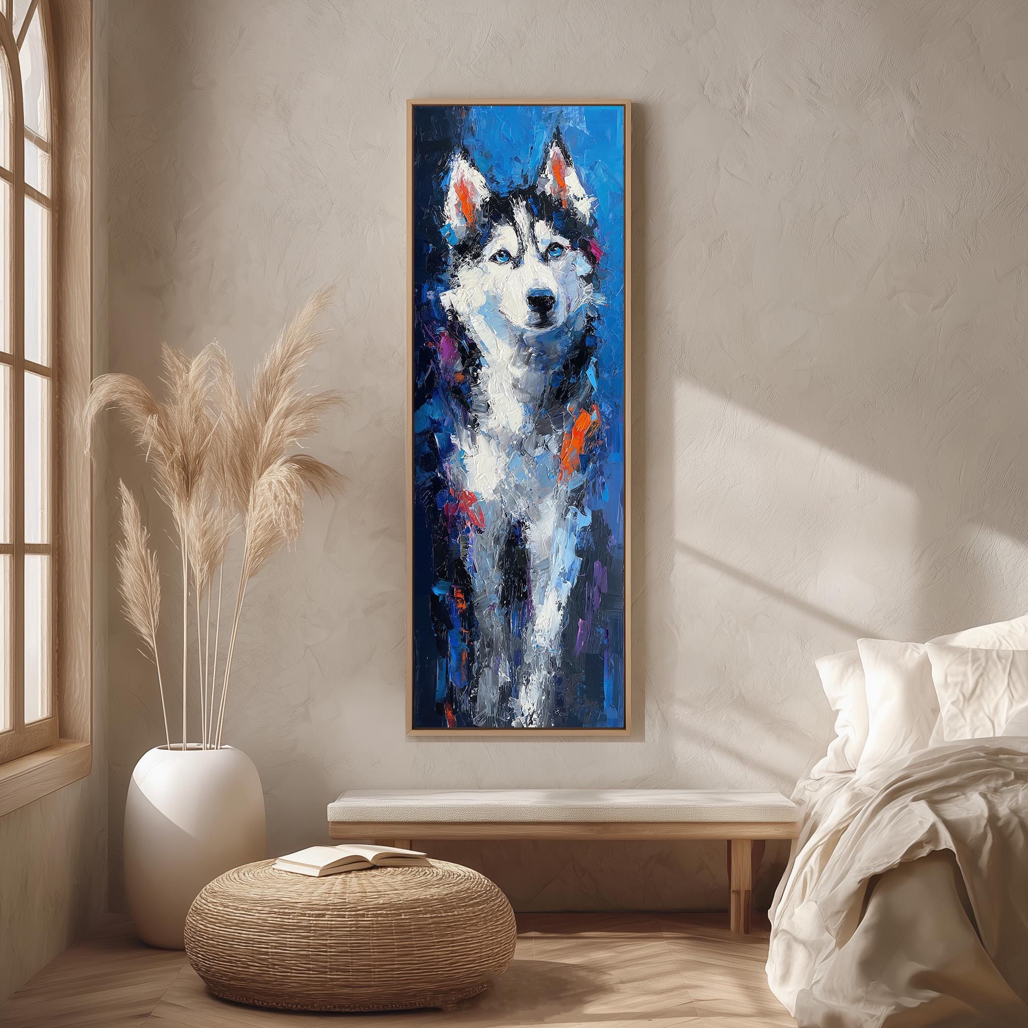 a large painting of a husky dog hanging on a wall in a room with a wooden floor and a white bed.
