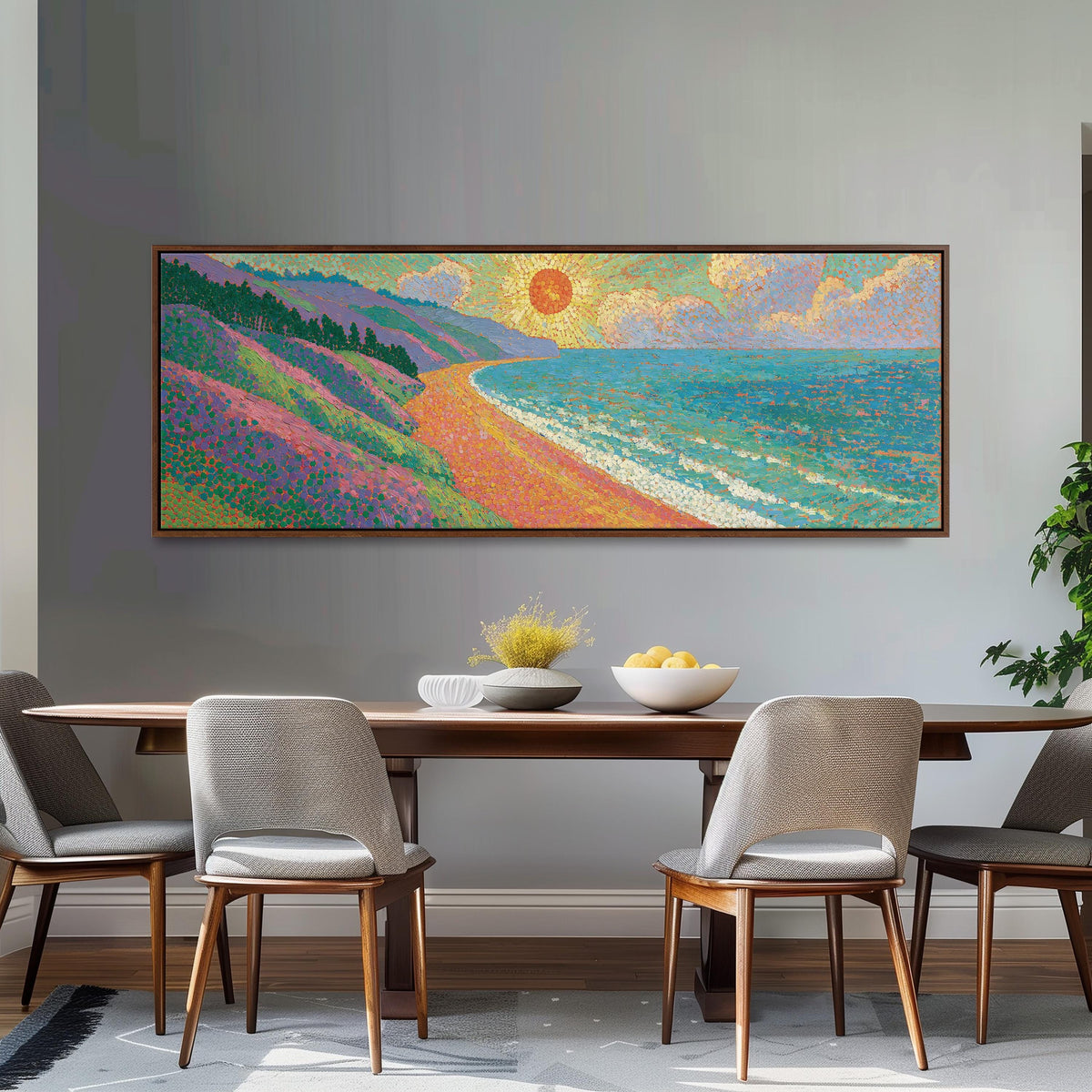 Coastal cliffs at sunset long horizontal canvas print above a dining table