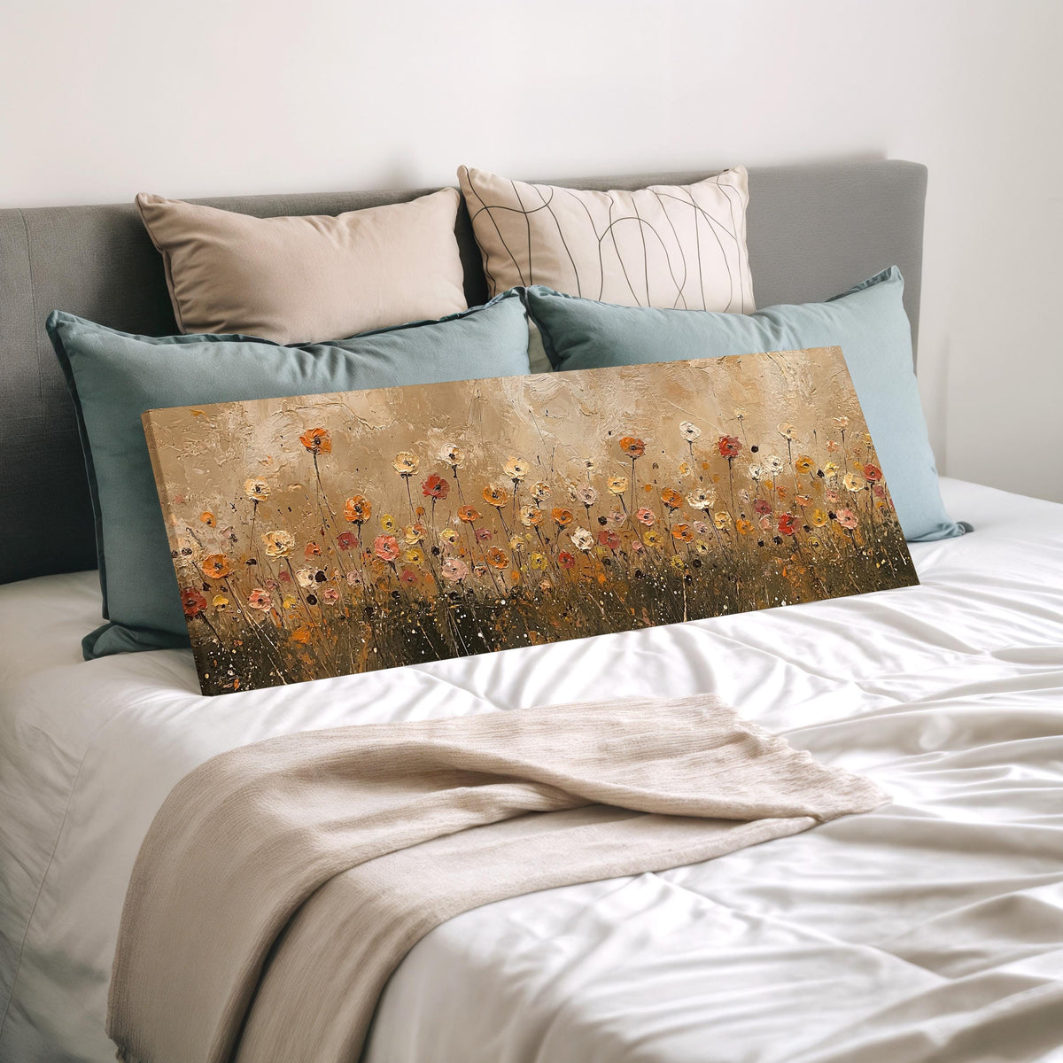 Golden wildflower field wide panoramic canvas print laid on a bed to show its size