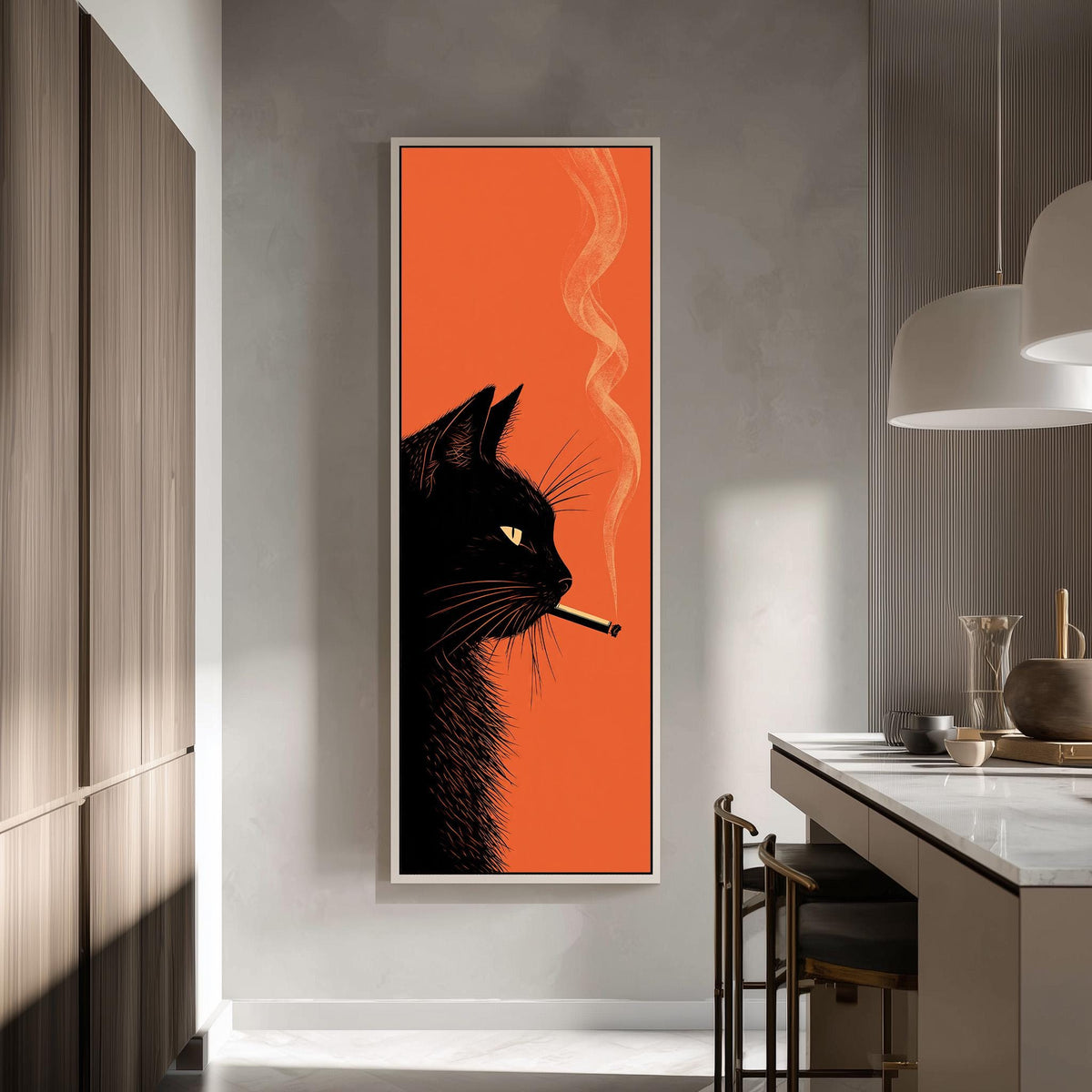 Black cat smoking on orange tall skinny canvas print in a modern kitchen