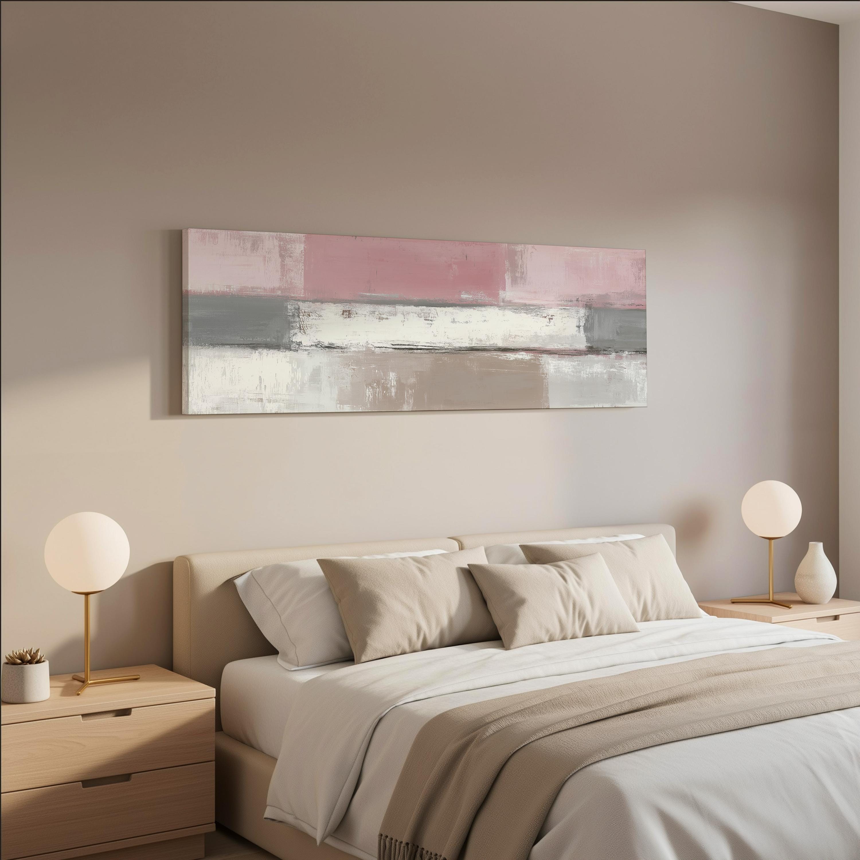 a modern bedroom with a large bed, two nightstands with lamps, and a large abstract painting hanging above the bed.