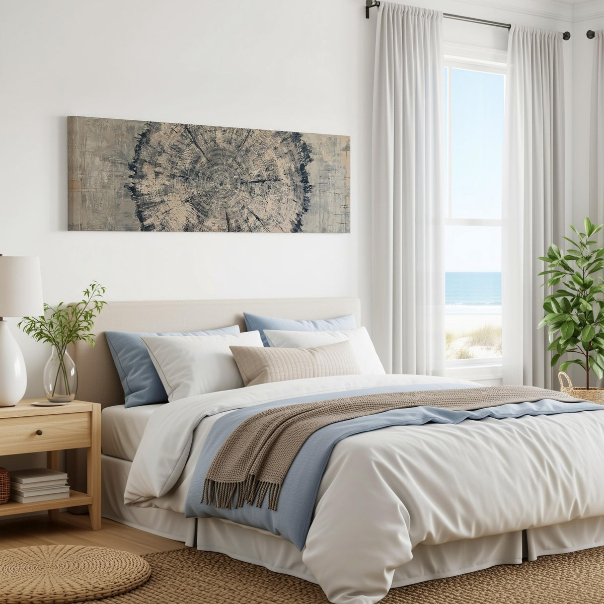 Navy ink tree ring panoramic canvas print above a bed in a coastal bedroom