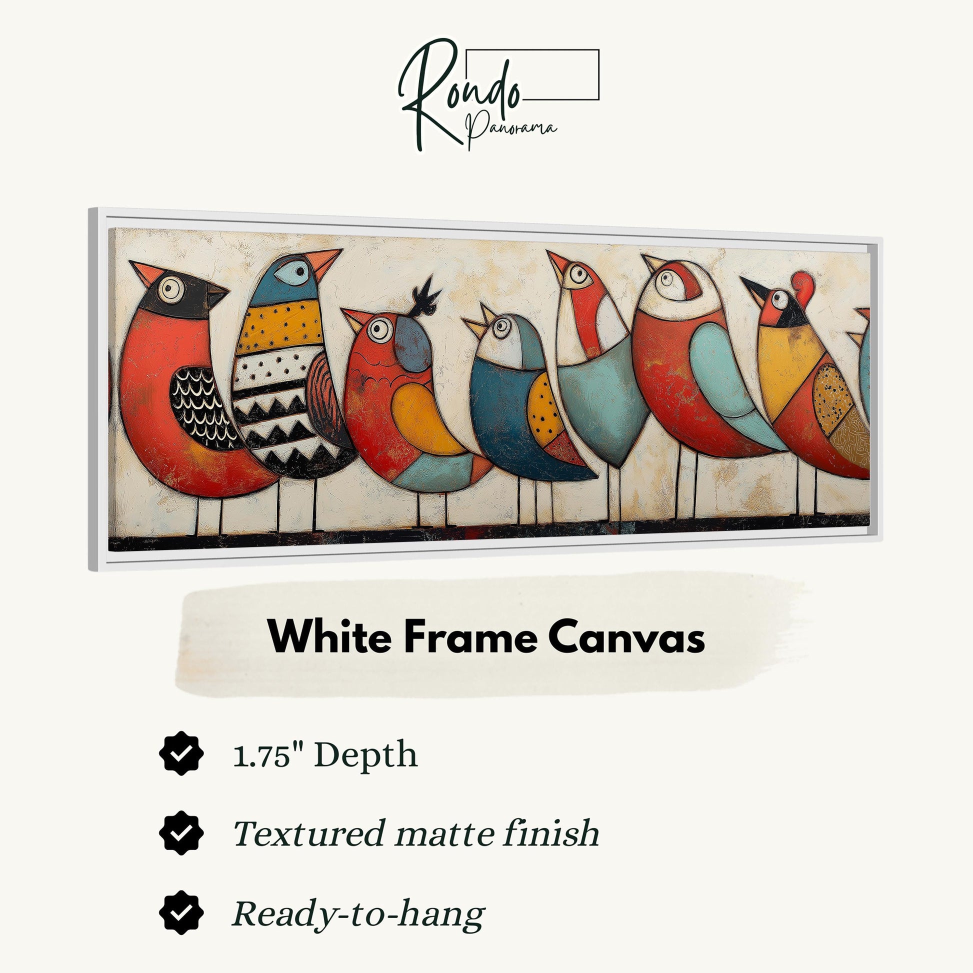 a white frame canvas with a painting of seven colorful birds.