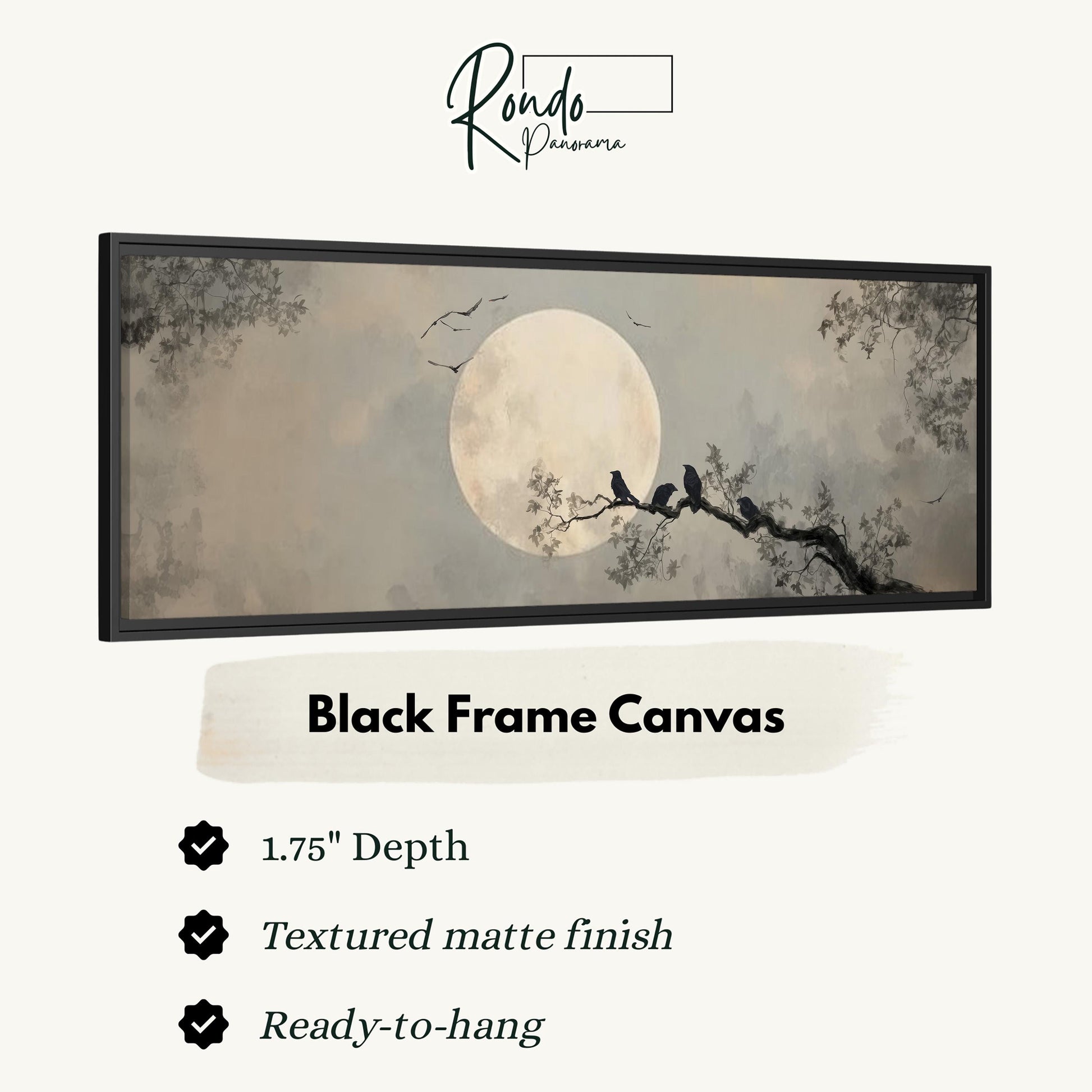 The image is a black frame canvas depicting a moonlit night scene with silhouetted trees and birds perched on branches.