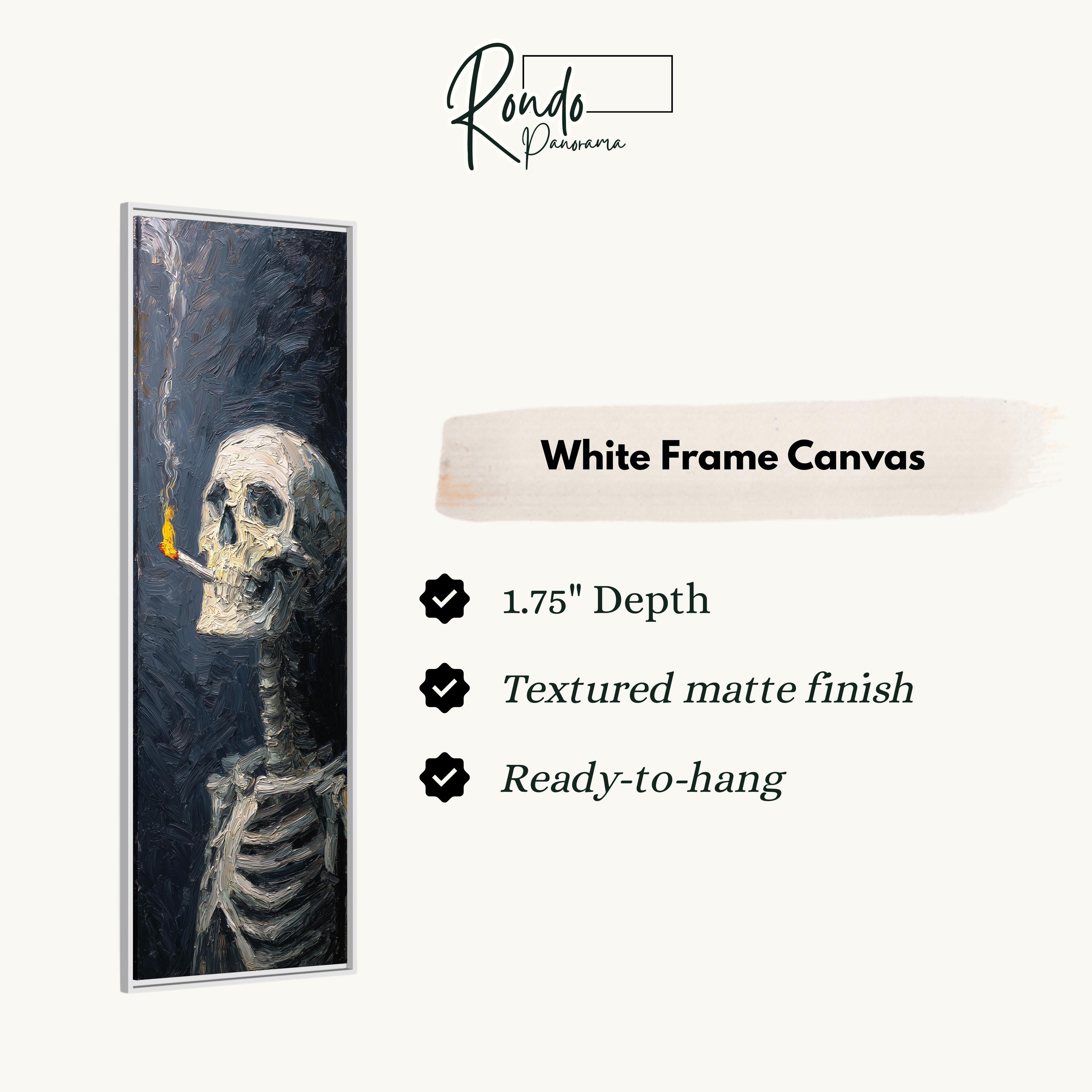 The image is a white frame canvas depicting a skeleton with a lit cigarette.