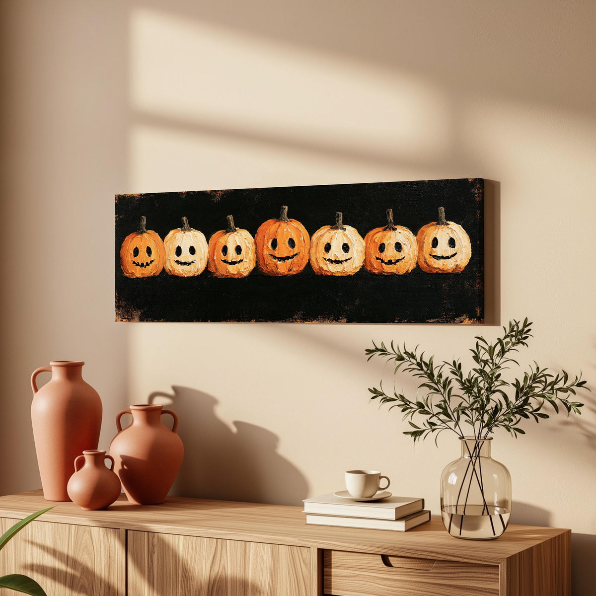 Row of smiling jack-o'-lanterns long horizontal canvas print above a wooden sideboard