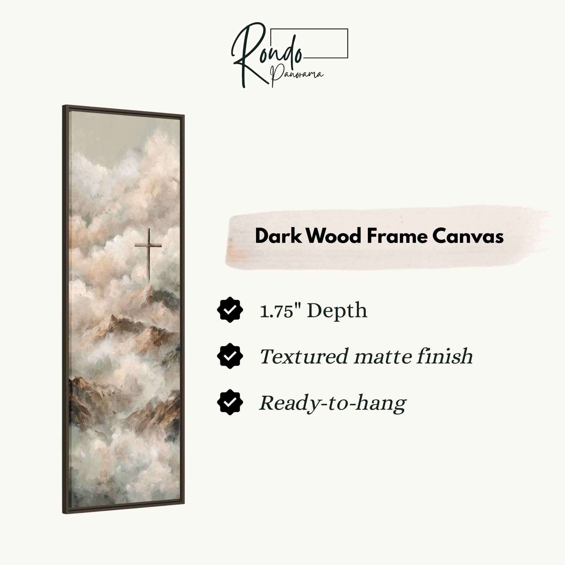 The image is a dark wood frame canvas depicting a landscape with mountains and clouds.