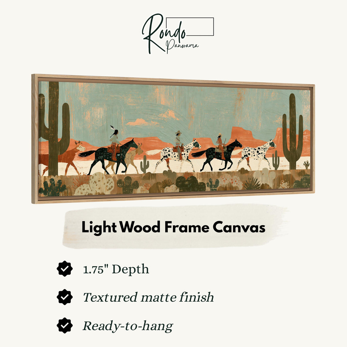 Riders on spotted horses across a red rock desert canvas print in a light wood floating frame