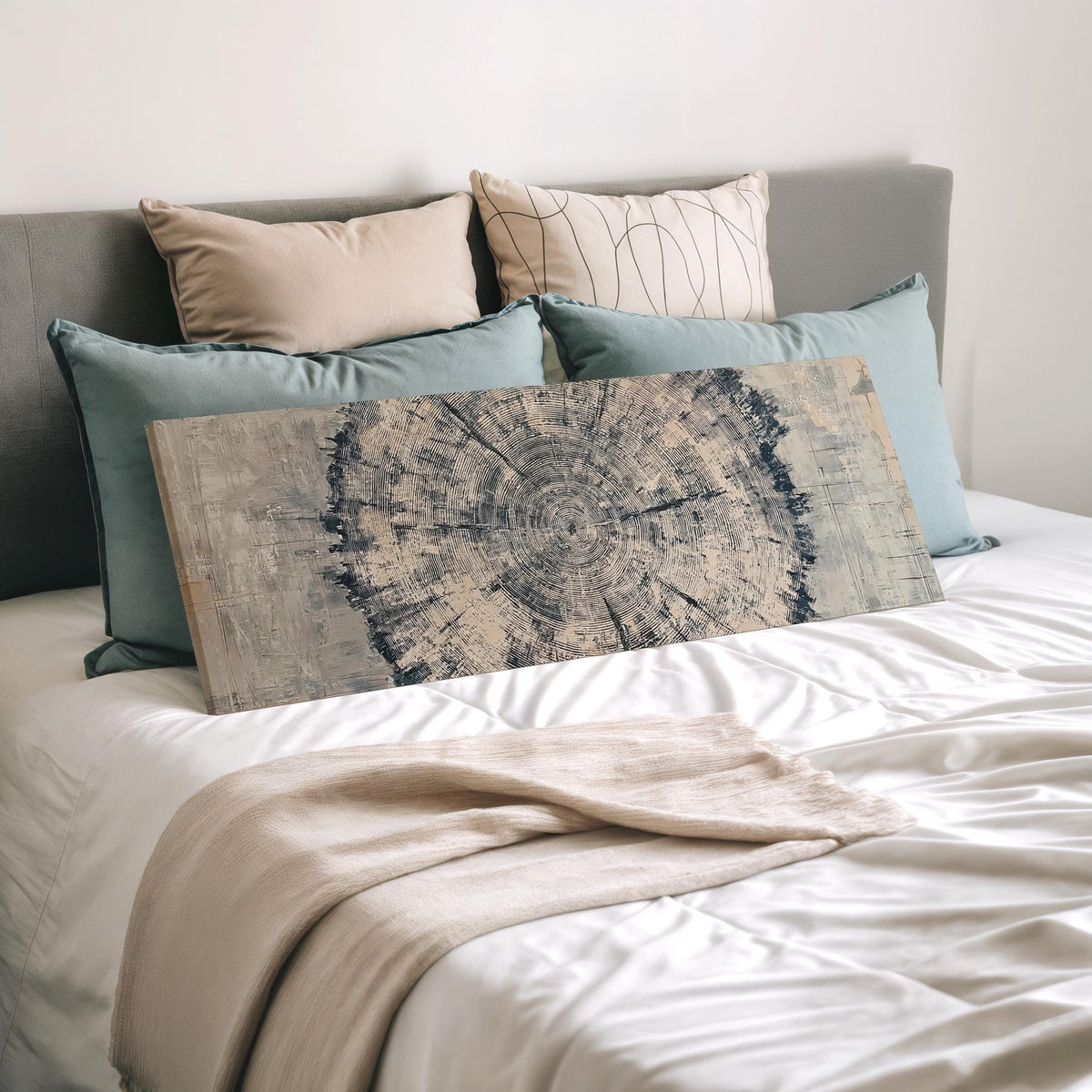 Navy ink tree ring wide panoramic canvas print laid on a bed to show its size