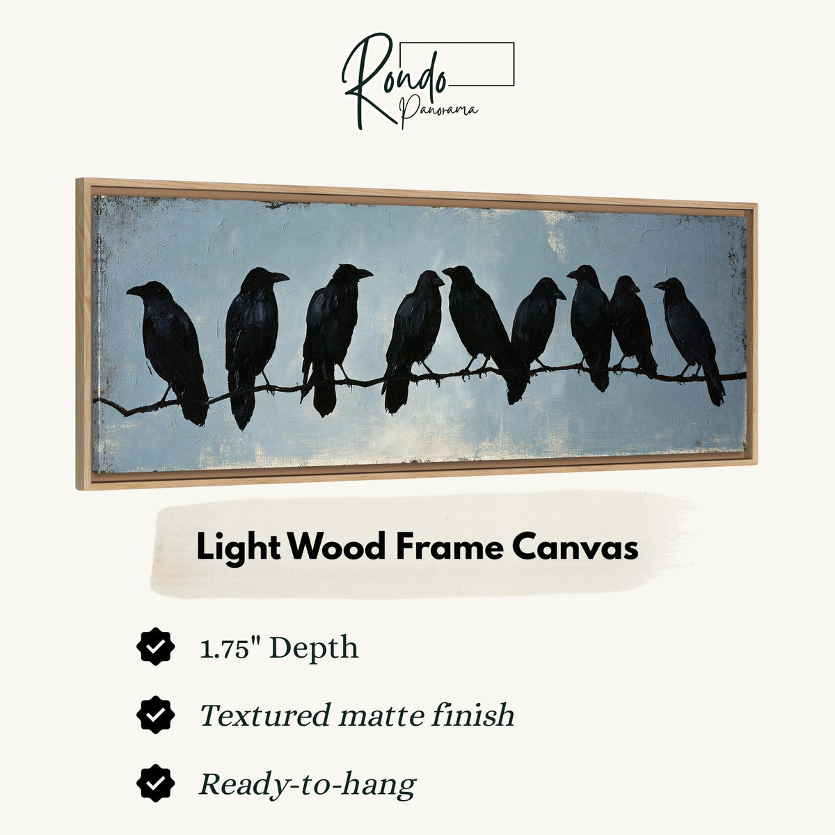 Crows gathered on a branch canvas print in a light wood floating frame