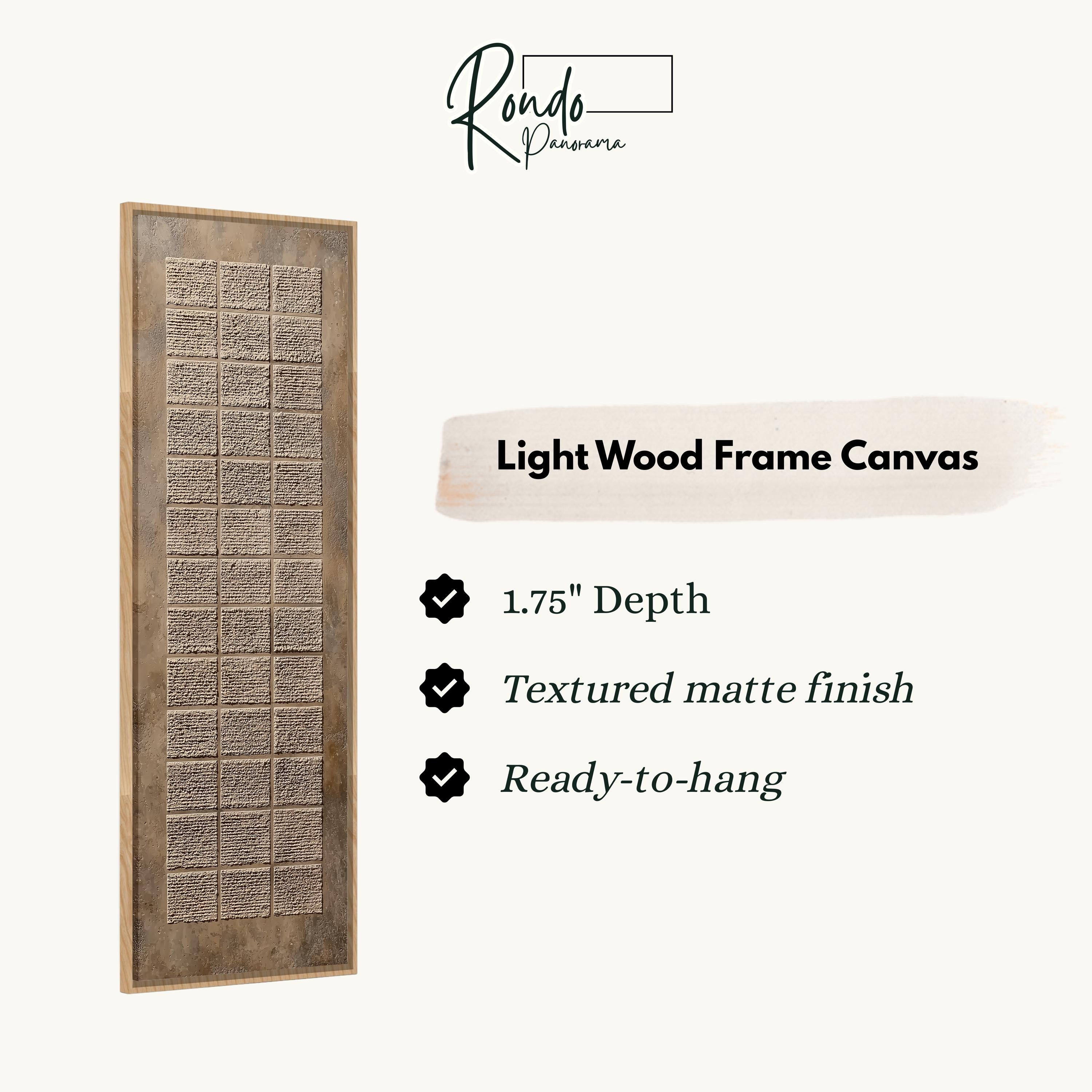 The image is a product description for a light wood frame canvas. It features a wooden frame with a textured finish and a 1.75" depth. The canvas is described as textured matte finish and ready-to-hang.
