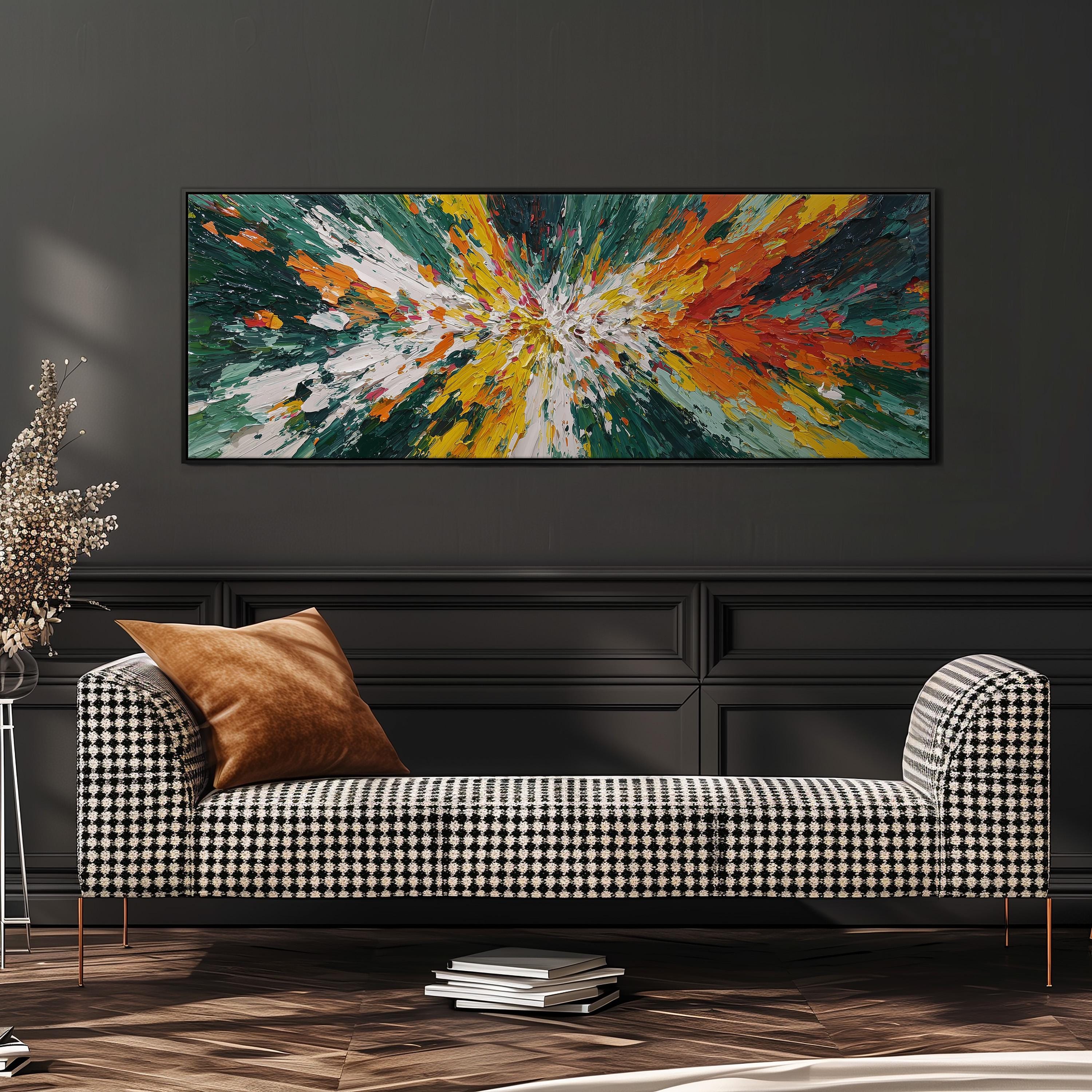 a large, colorful abstract painting hanging on a wall above a black and white checkered sofa in a modern living room setting.