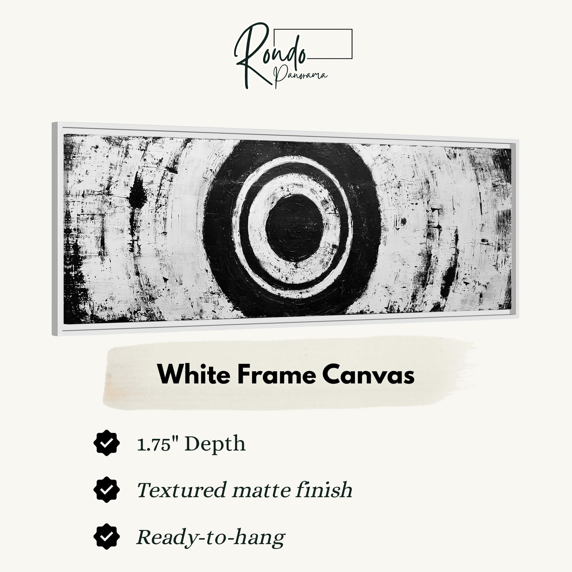 The image is a white frame canvas with a black and white abstract design featuring a large circle in the center.