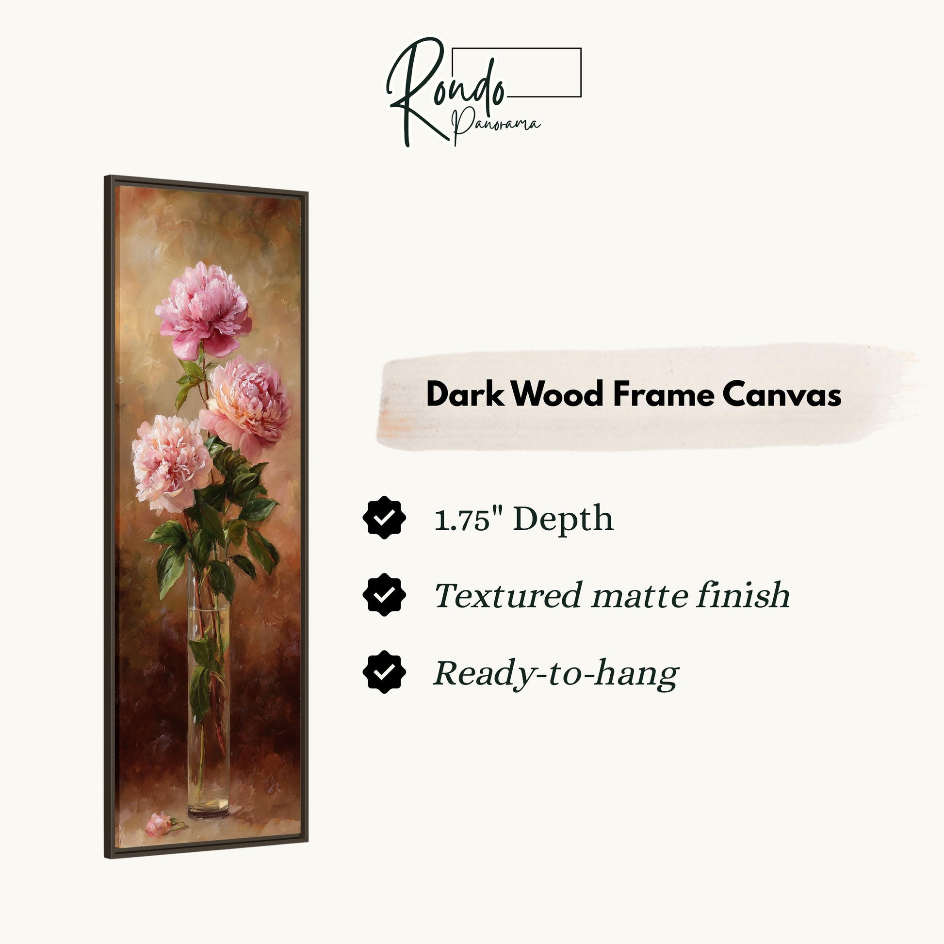 The image is a framed painting of three pink peonies in a vase, with a dark wood frame.
