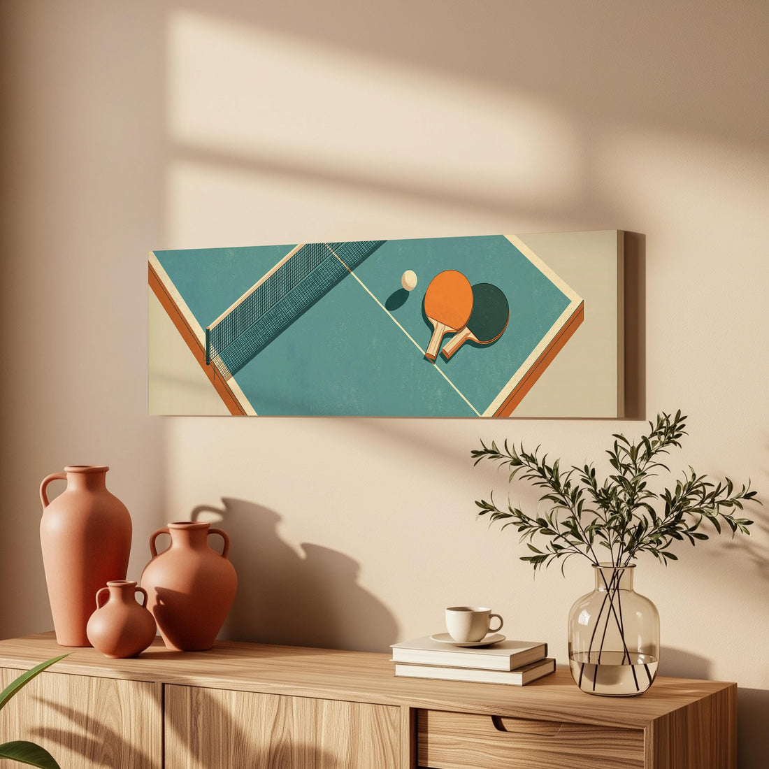 Retro ping pong table long horizontal canvas print above a sofa in a living room