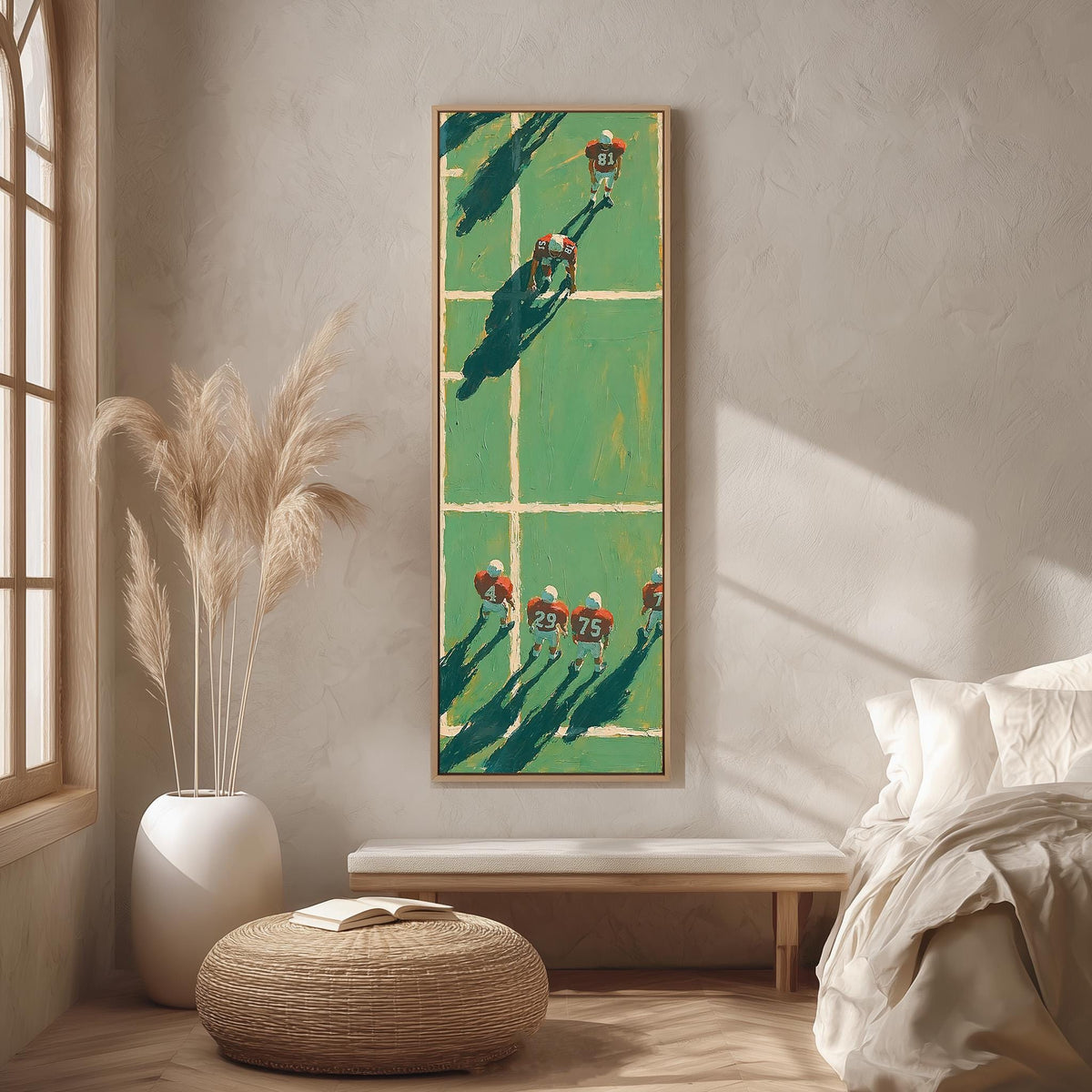 American football players on a field seen from above long vertical canvas print in a bright reading corner