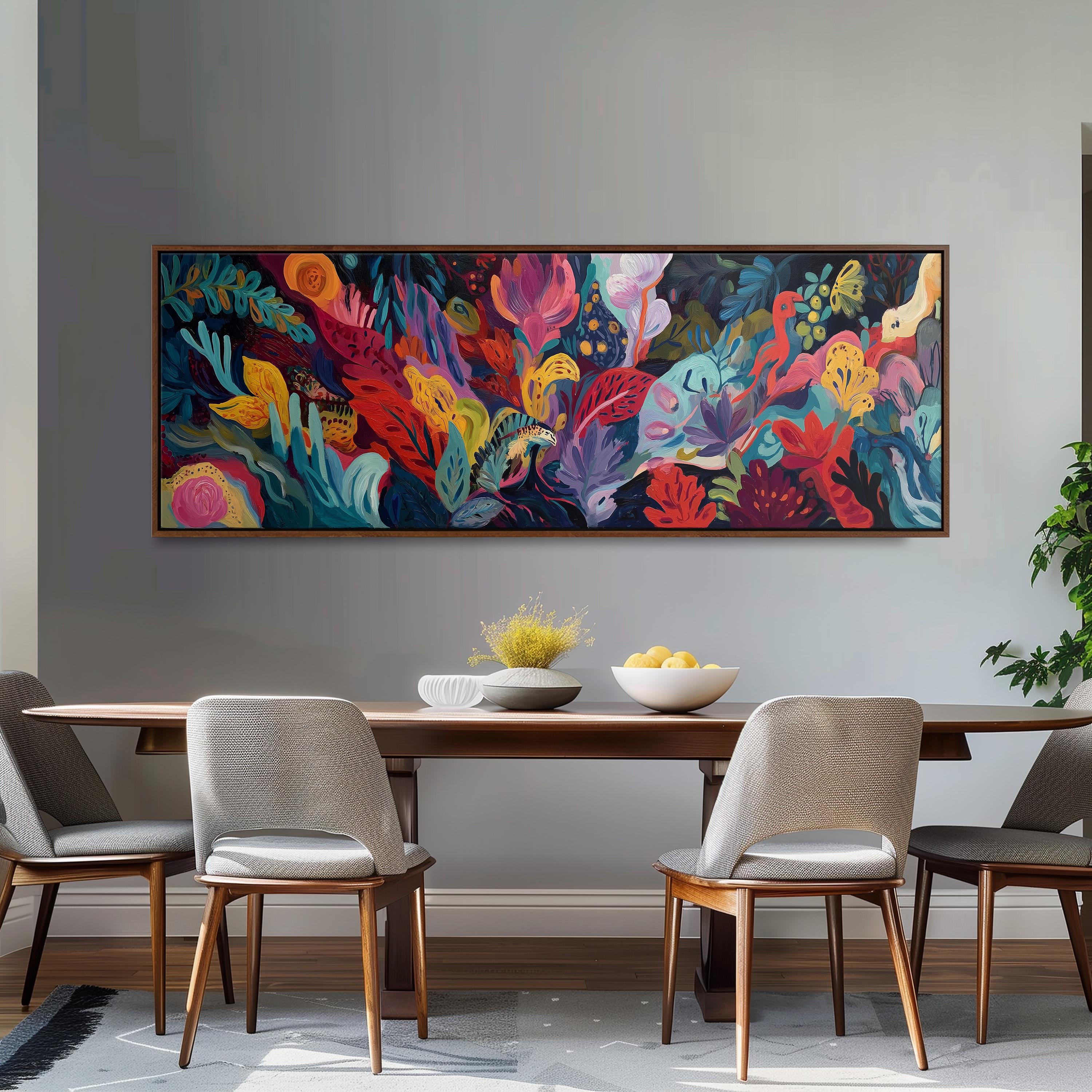 a dining room with a large, colorful painting hanging on the wall above a wooden table with four chairs. The painting depicts a vibrant, tropical scene with various flowers, leaves, and other natural elements.