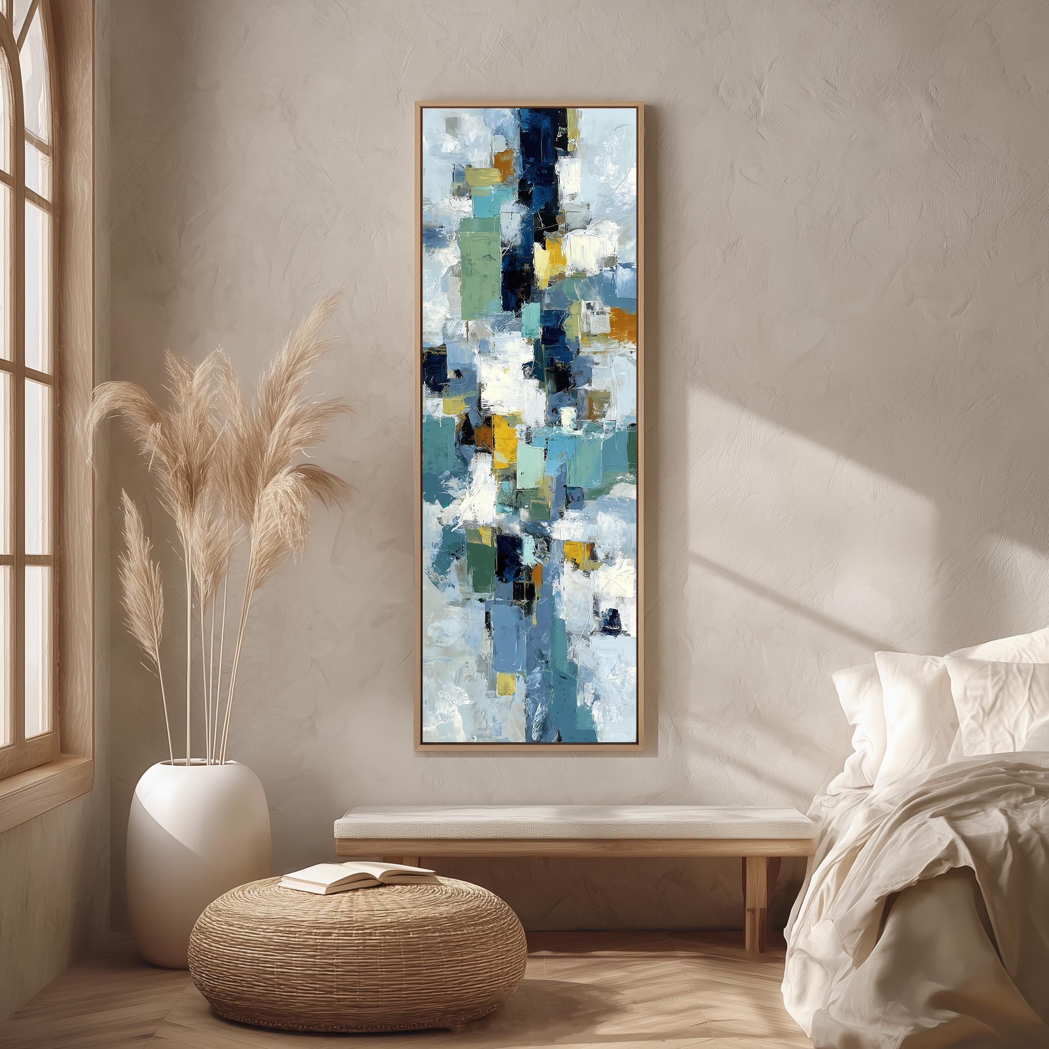 a large abstract painting hanging on a wall in a room with a bed, a wicker ottoman, and a potted plant.