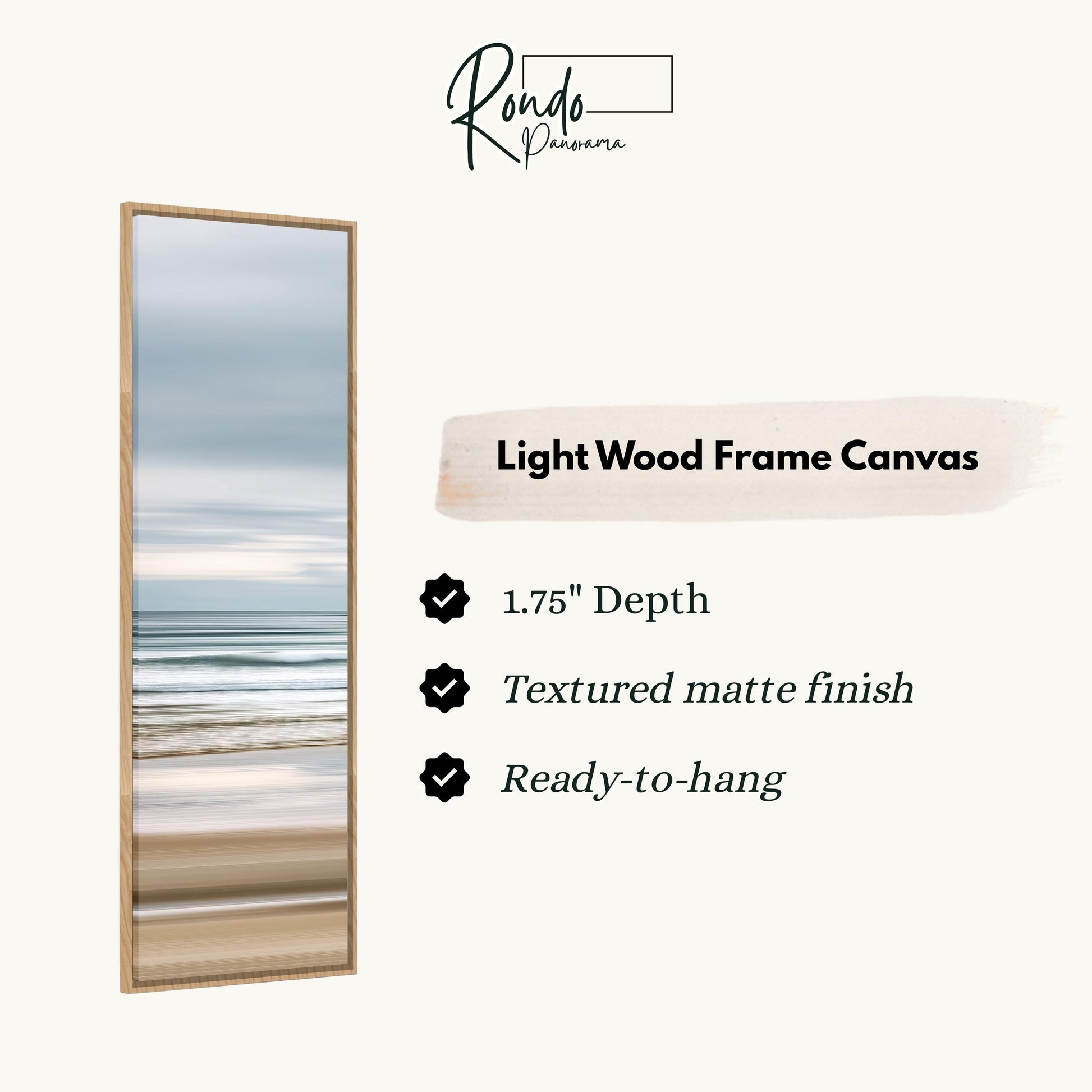 The image is a product description for a light wood frame canvas. It features a 1.75" depth, textured matte finish, and is ready to hang.