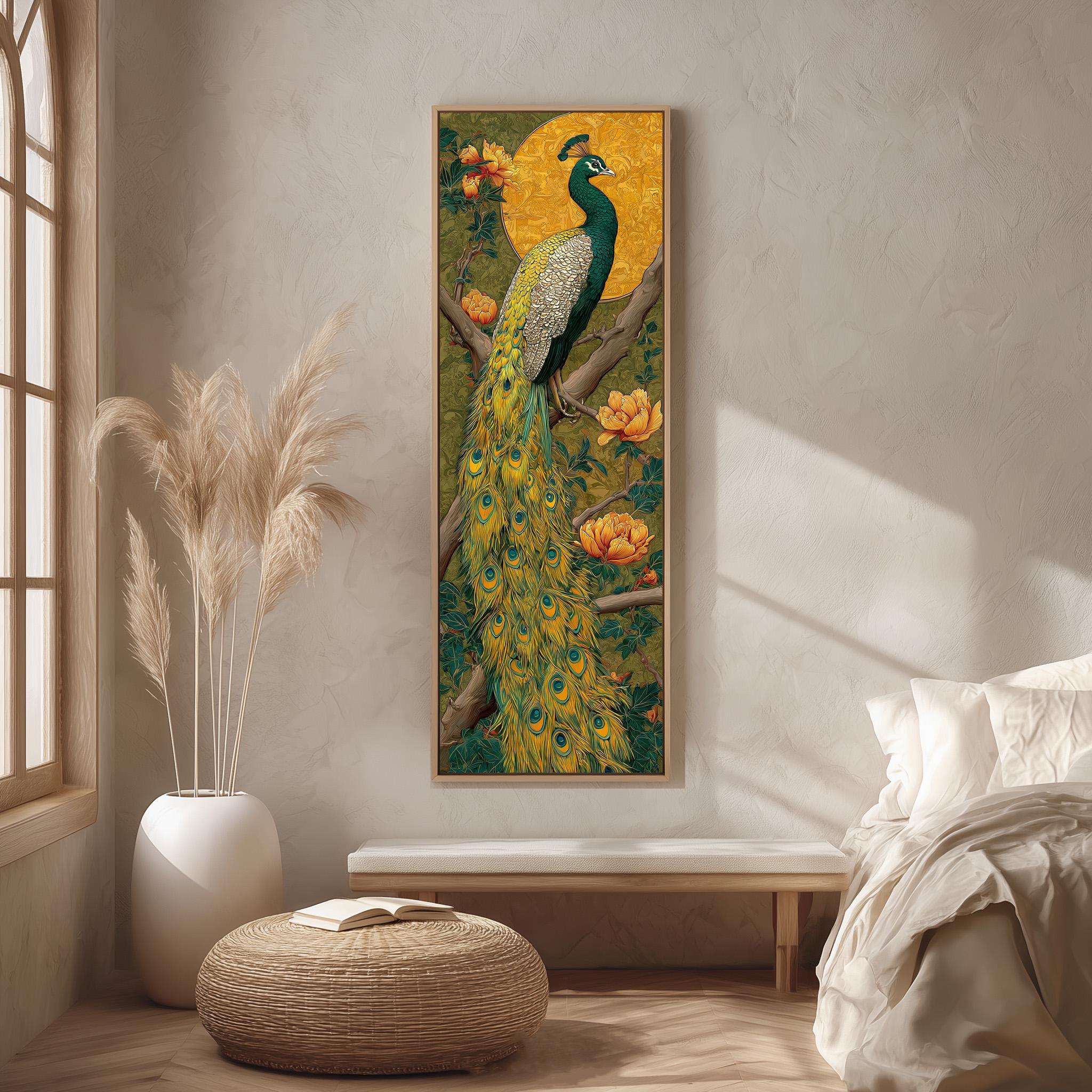 a large painting of a peacock, with its vibrant green and yellow feathers and intricate patterns, hanging on a wall in a room with a wooden floor and a white bed.