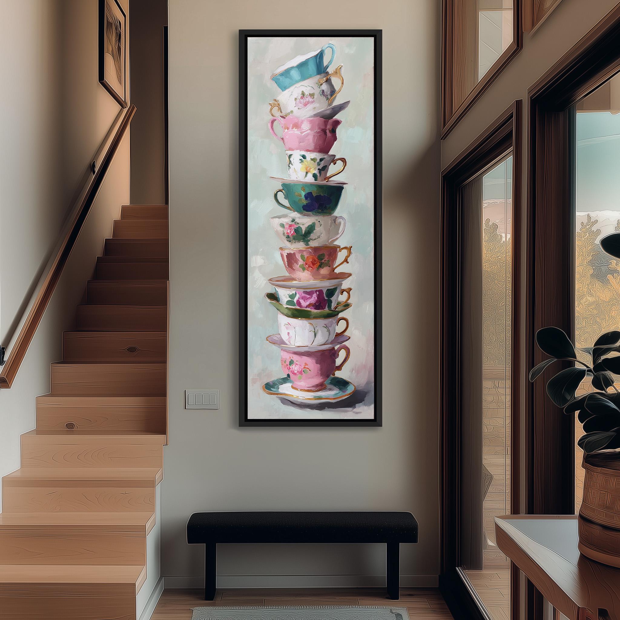 a large, colorful painting of a stack of teacups on a wall, with a wooden staircase visible in the background.