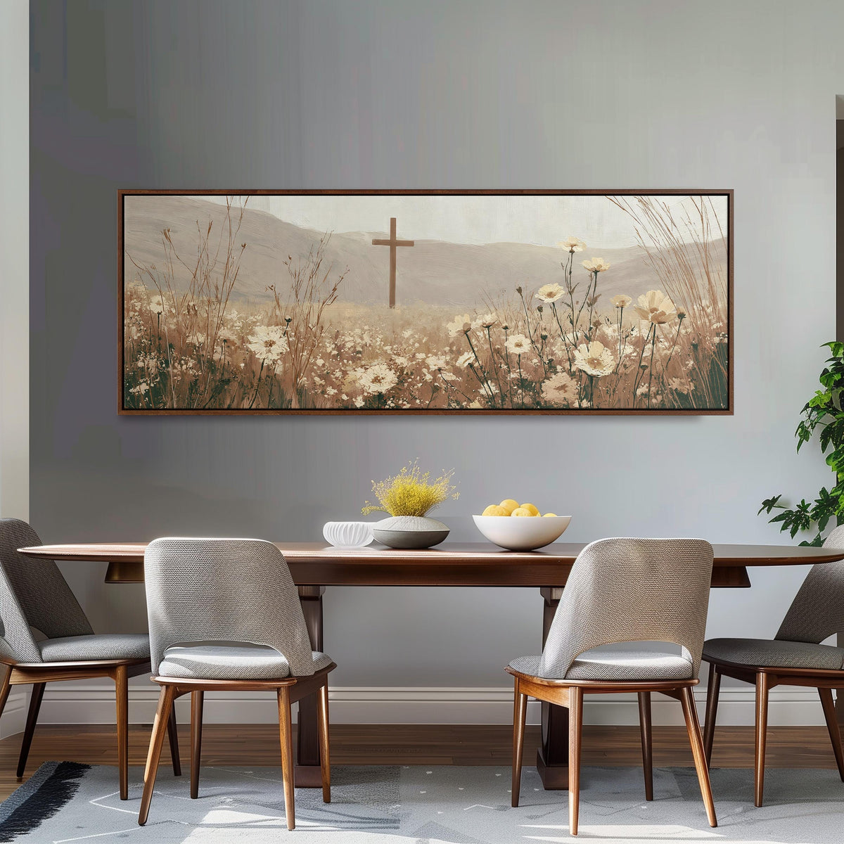 Wooden cross in a cream wildflower field long horizontal canvas print above a dining table