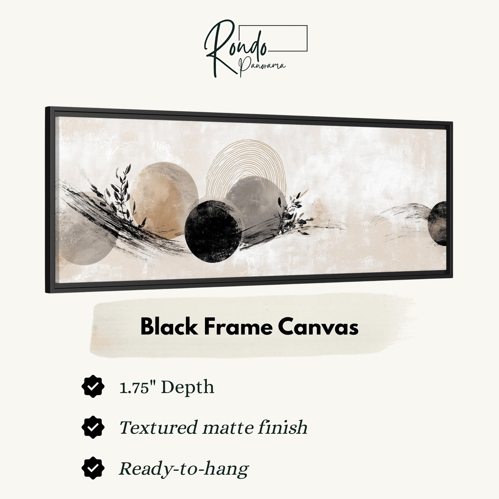 The image is a black frame canvas with abstract art depicting circles and lines in shades of brown and black.