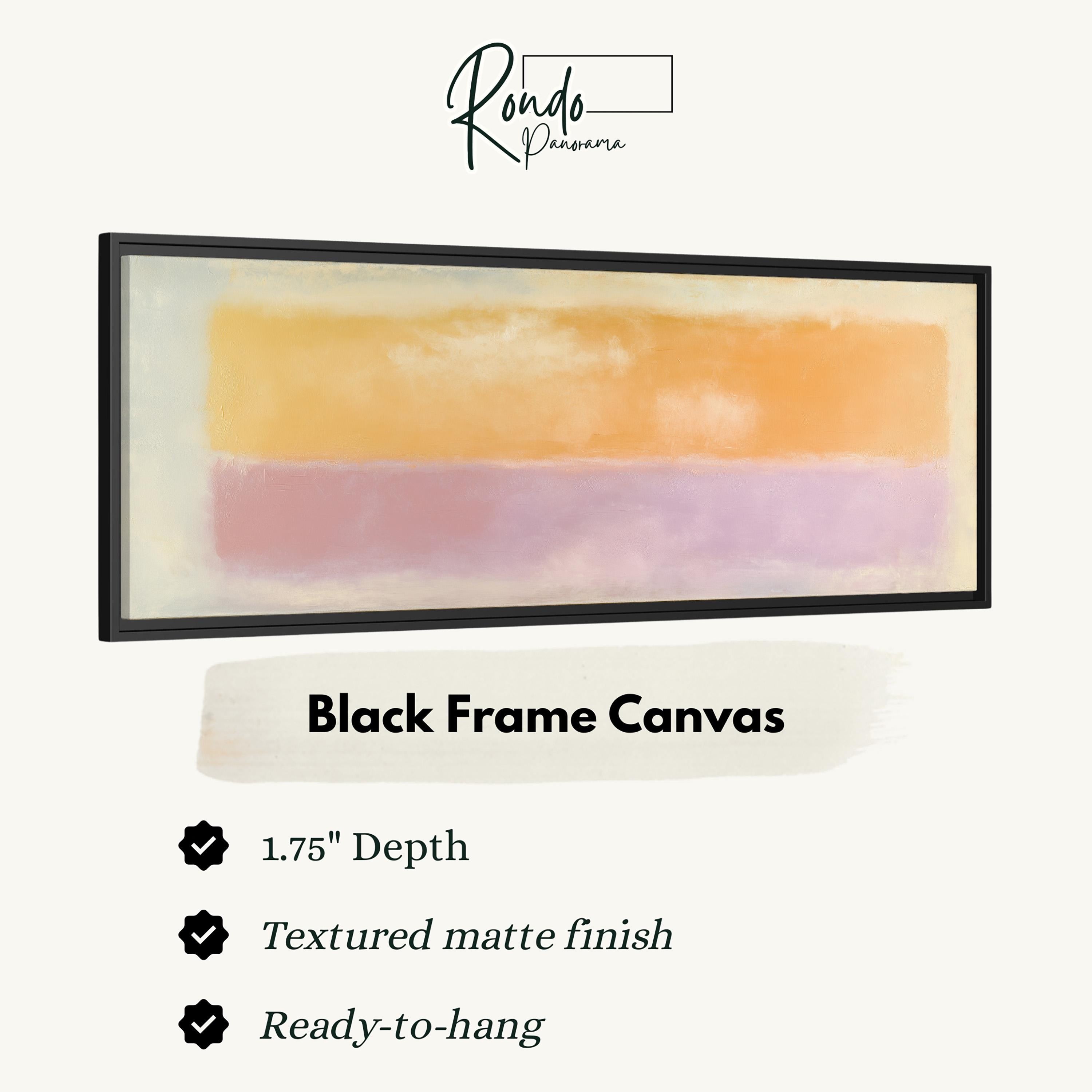 a black frame canvas with a textured matte finish, measuring 1.75" in depth. The canvas is ready to hang and has a textured matte finish.